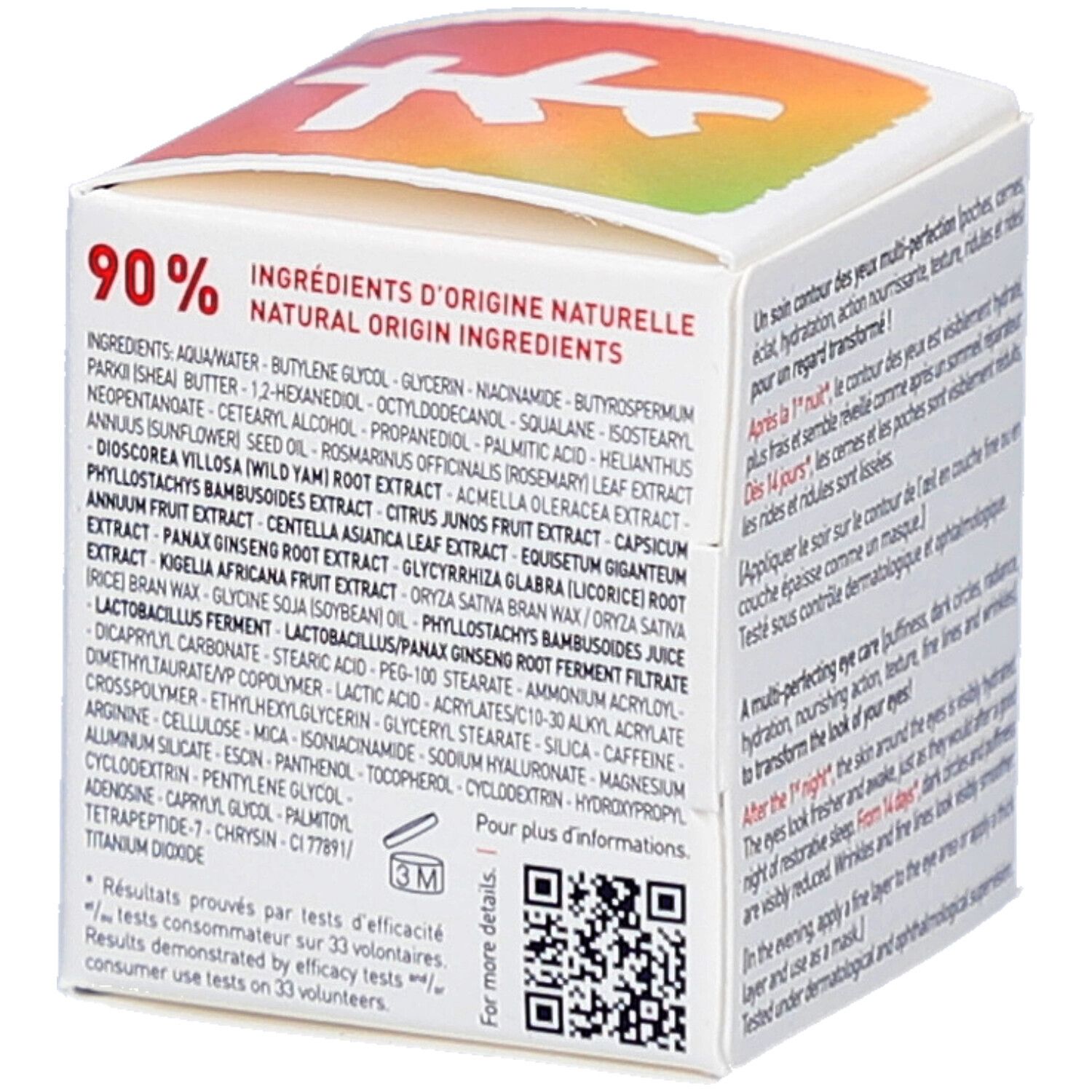Witte verpakking met tekst en QR-code. Opschrift: erborian Korean Skin Therapy Skin Therapy Eye. Tekst: 90% Ingrédients d'origine naturelle.