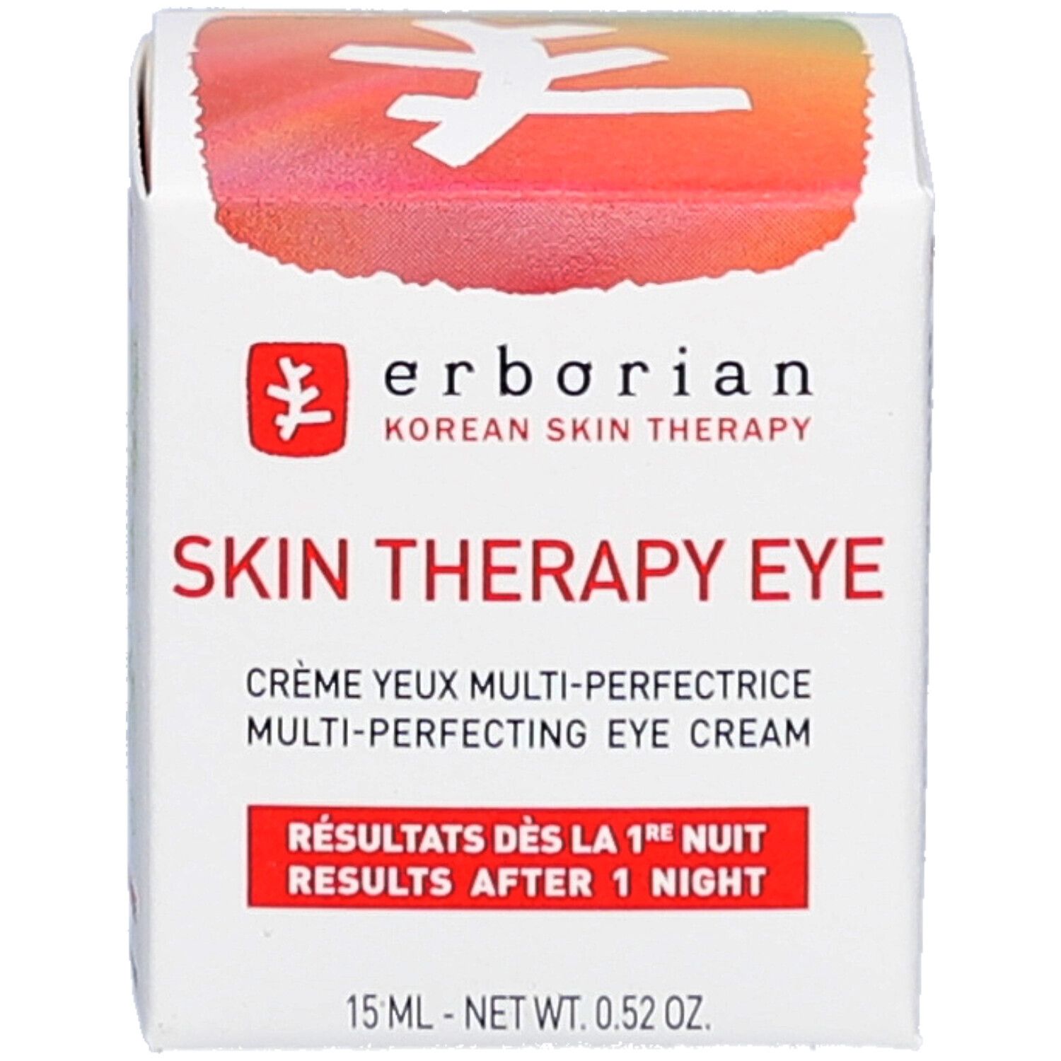 Witte verpakking met rode deksel. Opschrift: erborian Korean Skin Therapy Skin Therapy Eye. Tekst: Crème yeux multi-perfectrice.