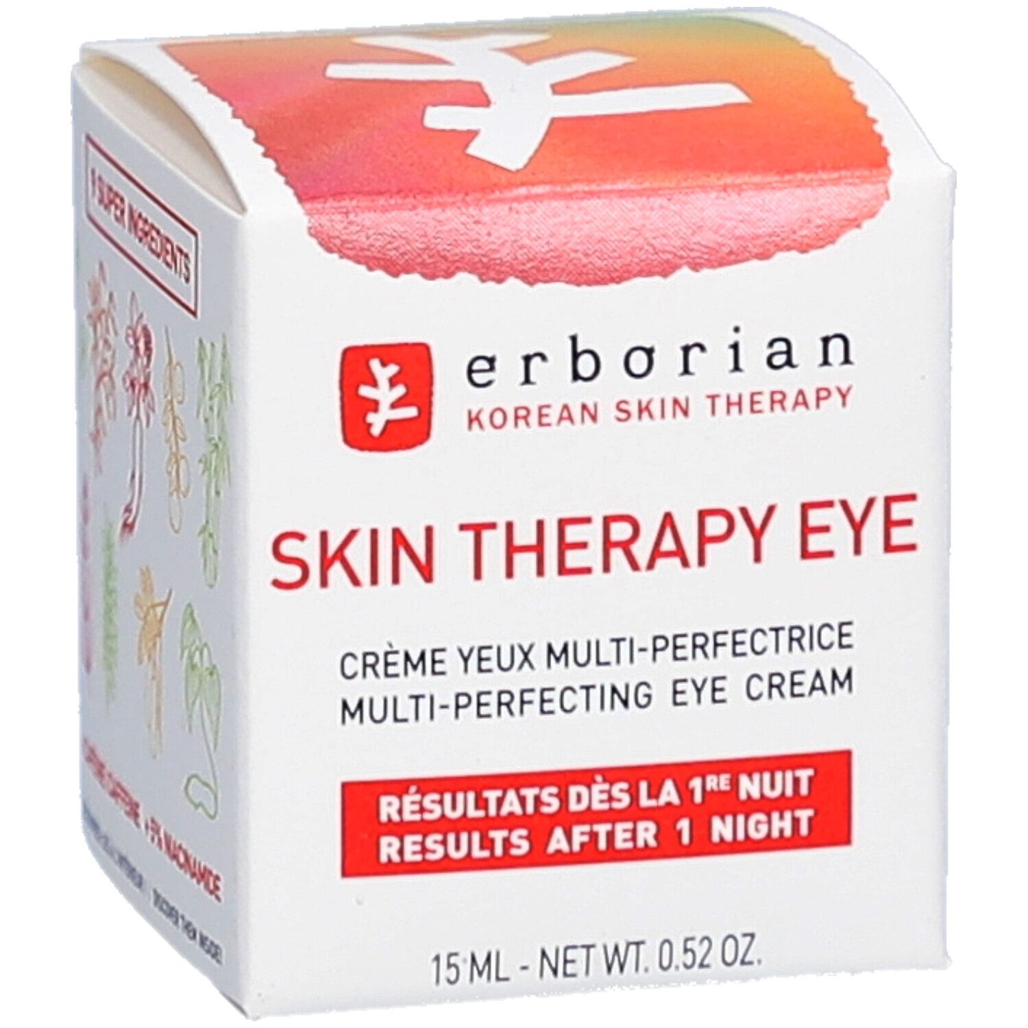 Witte verpakking met illustraties van kruiden. Opschrift: erborian Korean Skin Therapy Skin Therapy Eye. Tekst: Crème yeux multi-perfectrice.