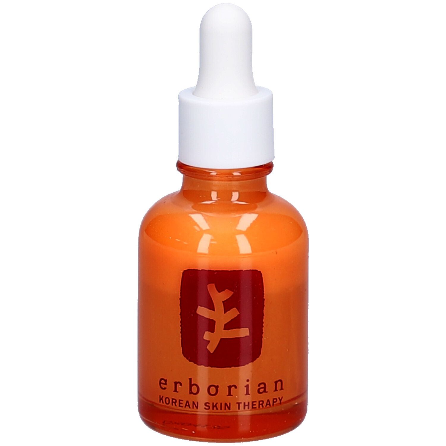 Oranje glazen fles met witte dop en pipet. Op de fles staat "erborian Korean Skin Therapy".