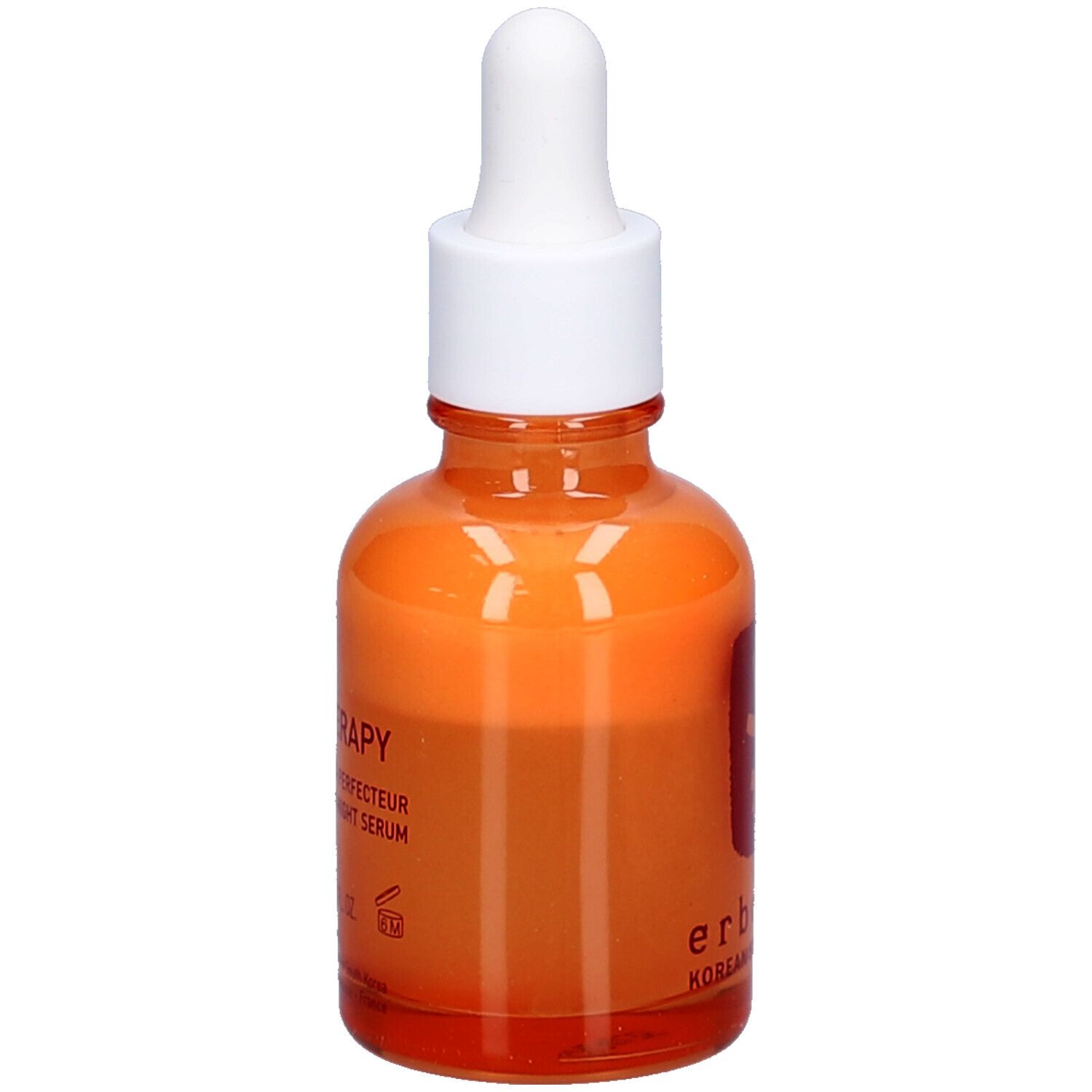 Oranje glazen fles met witte dop en pipet. Op de fles staat "erborian Korean Skin Therapy".