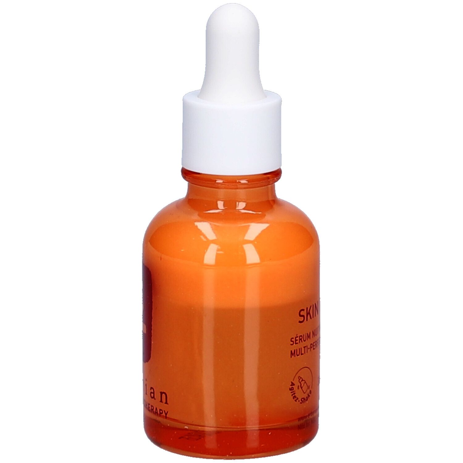 Oranje glazen fles met witte dop en pipet. Opschrift: Skin Therapy Serum Nuit Multi-Perfecteur.