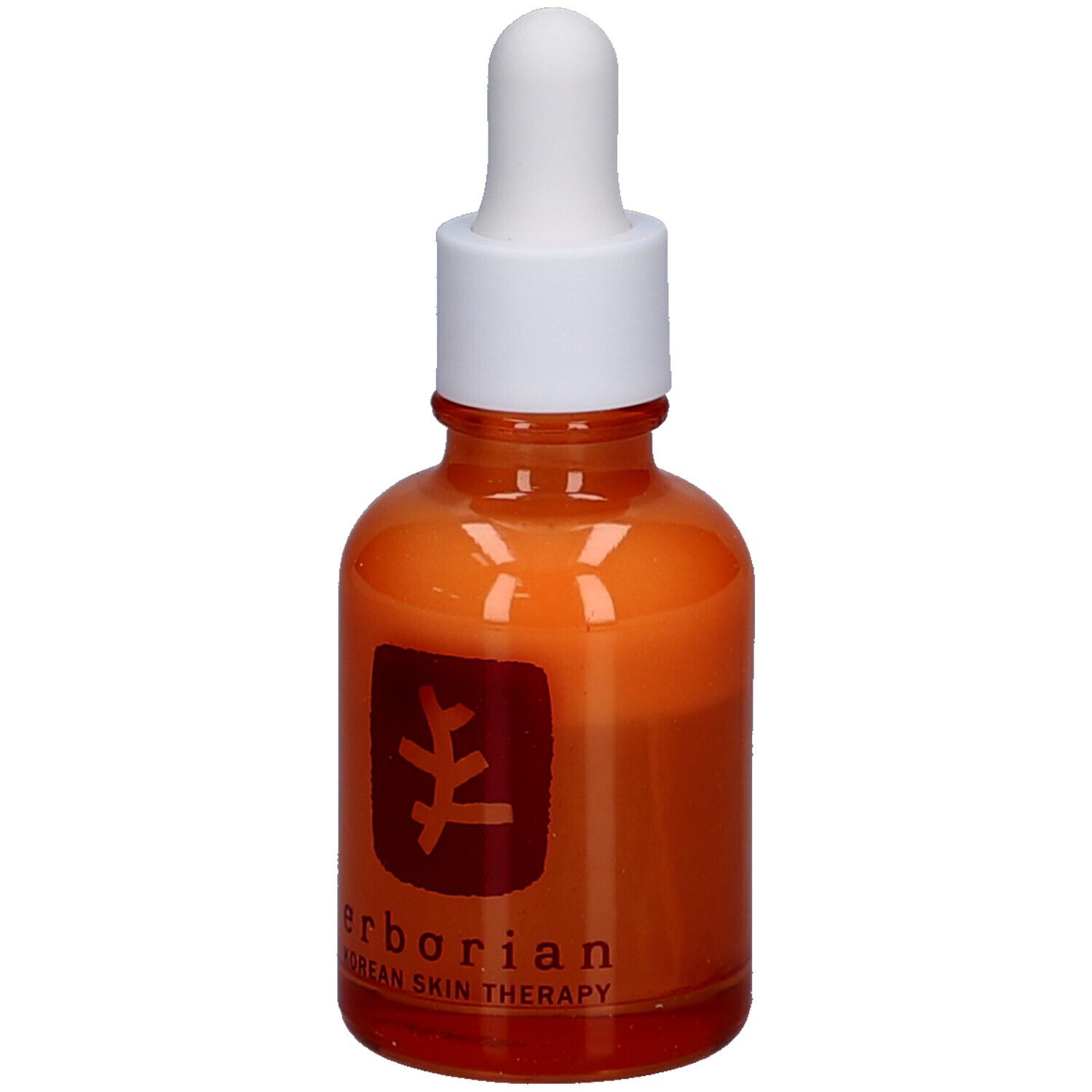 Oranje glazen fles met witte dop en pipet. Op de fles staat "erborian Korean Skin Therapy".