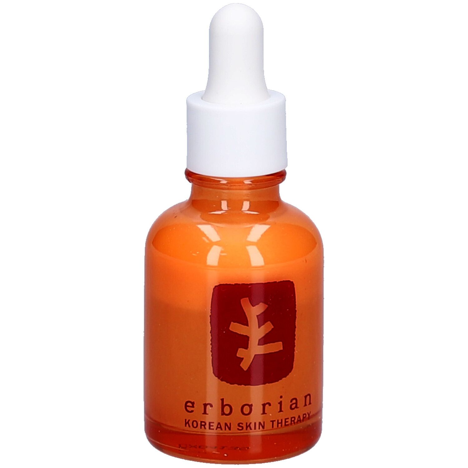 Oranje glazen fles met witte dop en pipet. Op de fles staat "erborian Korean Skin Therapy".