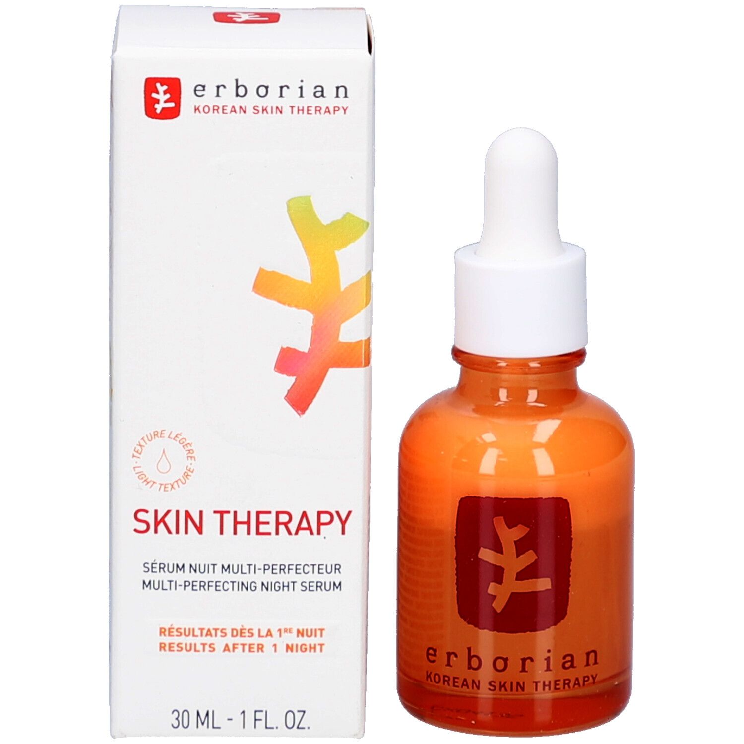 Productfles en verpakking. Fles: oranje, witte dop, pipet. Verpakking: wit, opschrift Skin Therapy.