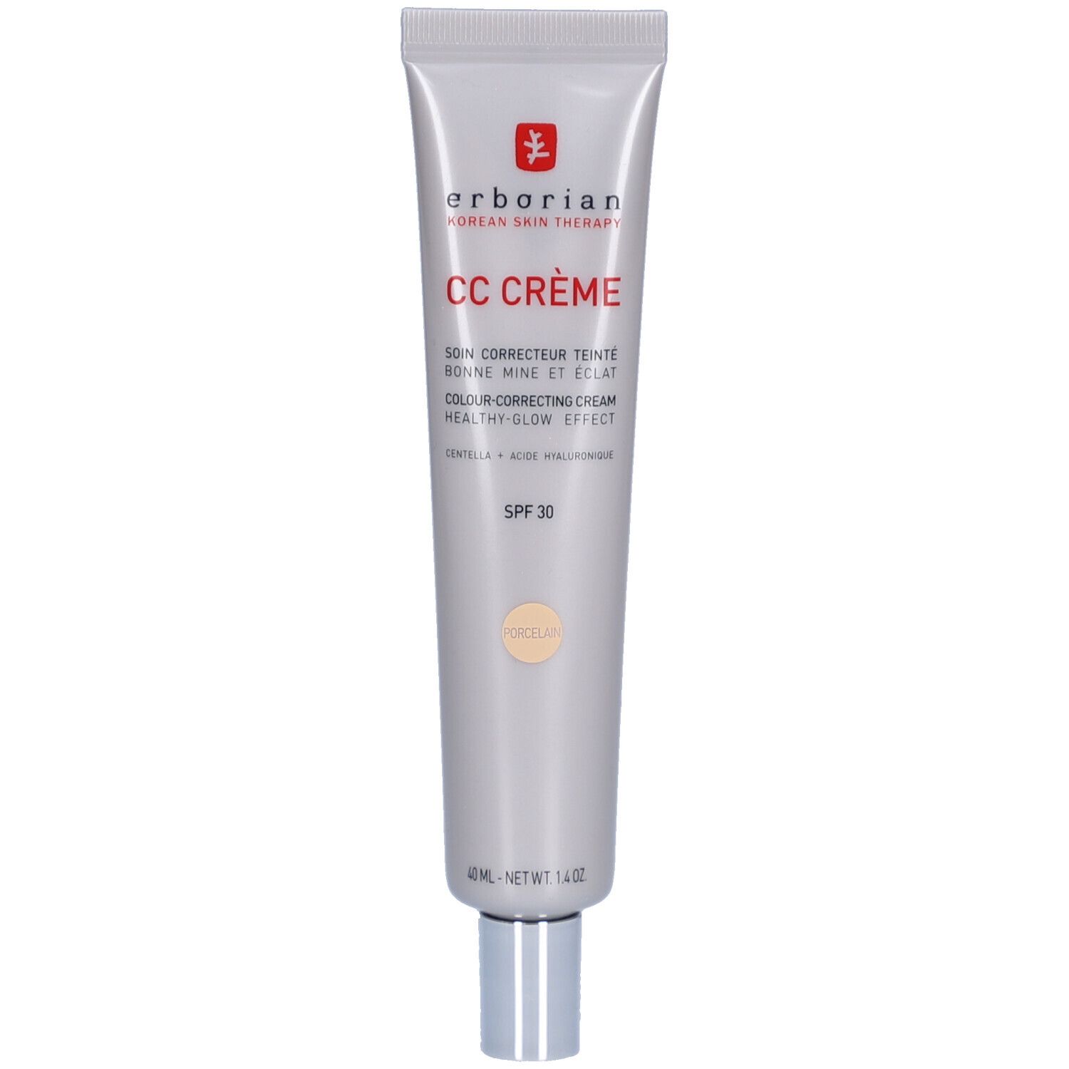 Tube Erborian CC Crème Porcelain LSF 30. Tube grise avec informations produit. Teinte: Porcelain. Bouchon argenté.