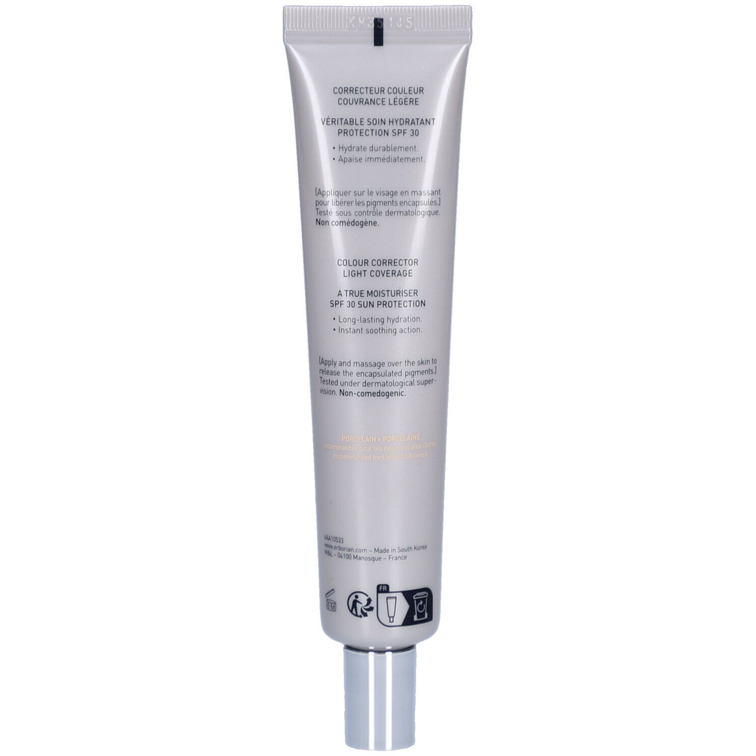 Dos du tube Erborian CC Crème Porcelain LSF 30. Texte avec informations produit. Teinte: Porcelain. Bouchon argenté.