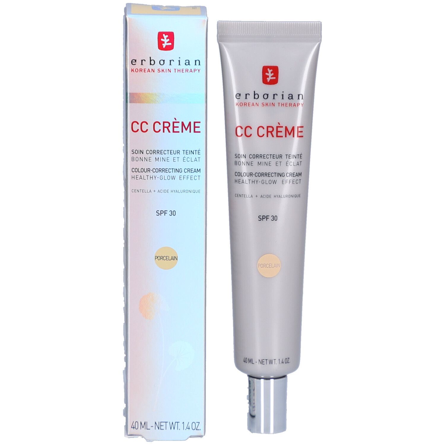 Tube et emballage Erborian CC Crème Porcelain LSF 30. Tube gris et boîte avec informations produit. Teinte: Porcelain.