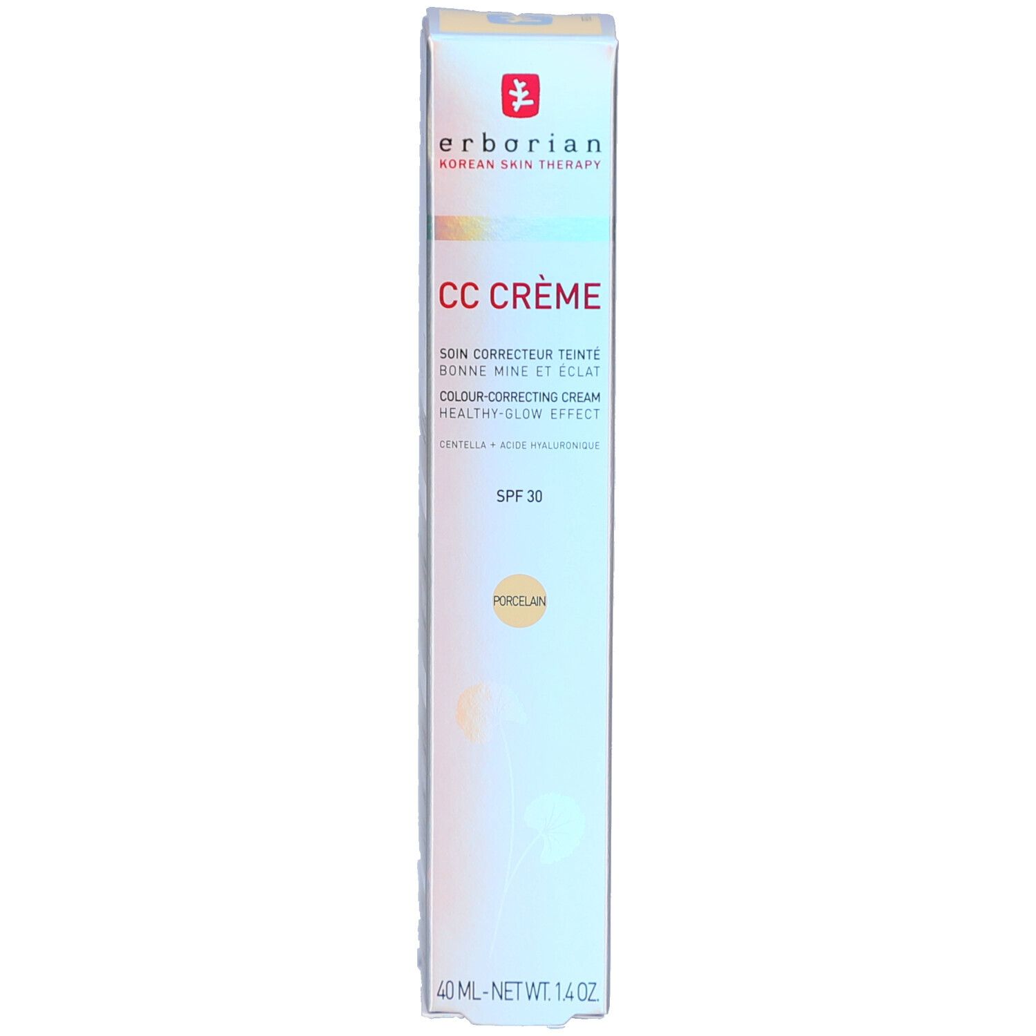 Emballage Erborian CC Crème Porcelain LSF 30. Boîte avec informations produit. Teinte: Porcelain. Logo et texte.
