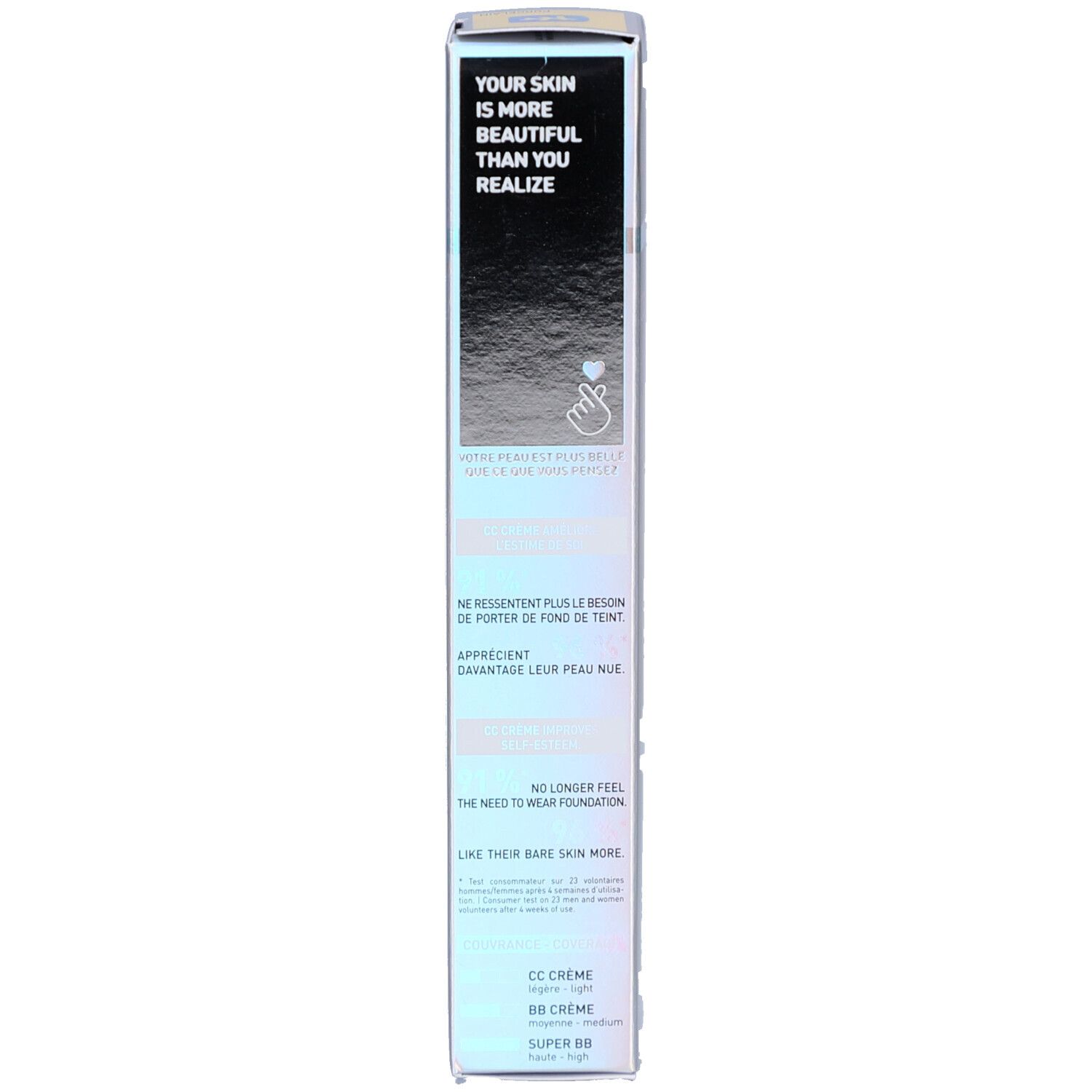 Emballage Erborian CC Crème. Texte: Your skin is more beautiful than you realize. Informations produit. Symbole cœur.