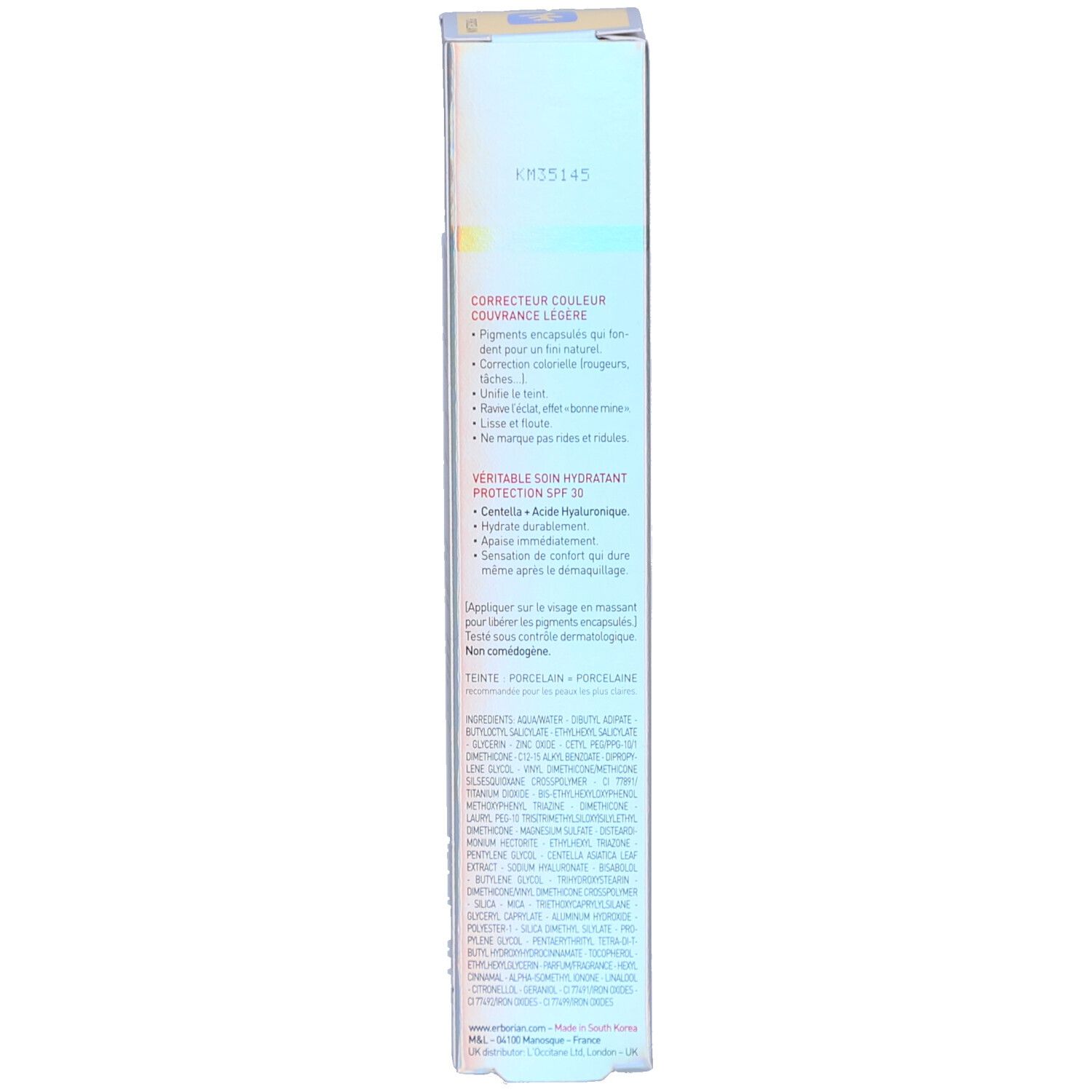 Emballage Erborian CC Crème. Texte et informations produit. Dos de l'emballage. Teinte: Porcelain.