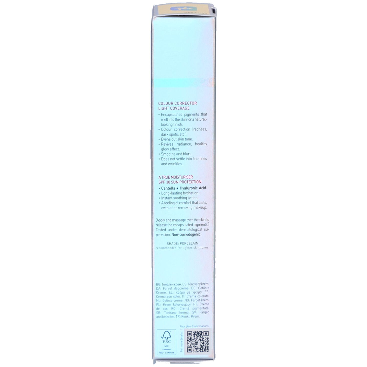 Emballage Erborian CC Crème. Texte et informations produit. Bas de l'emballage. Code QR et logos.