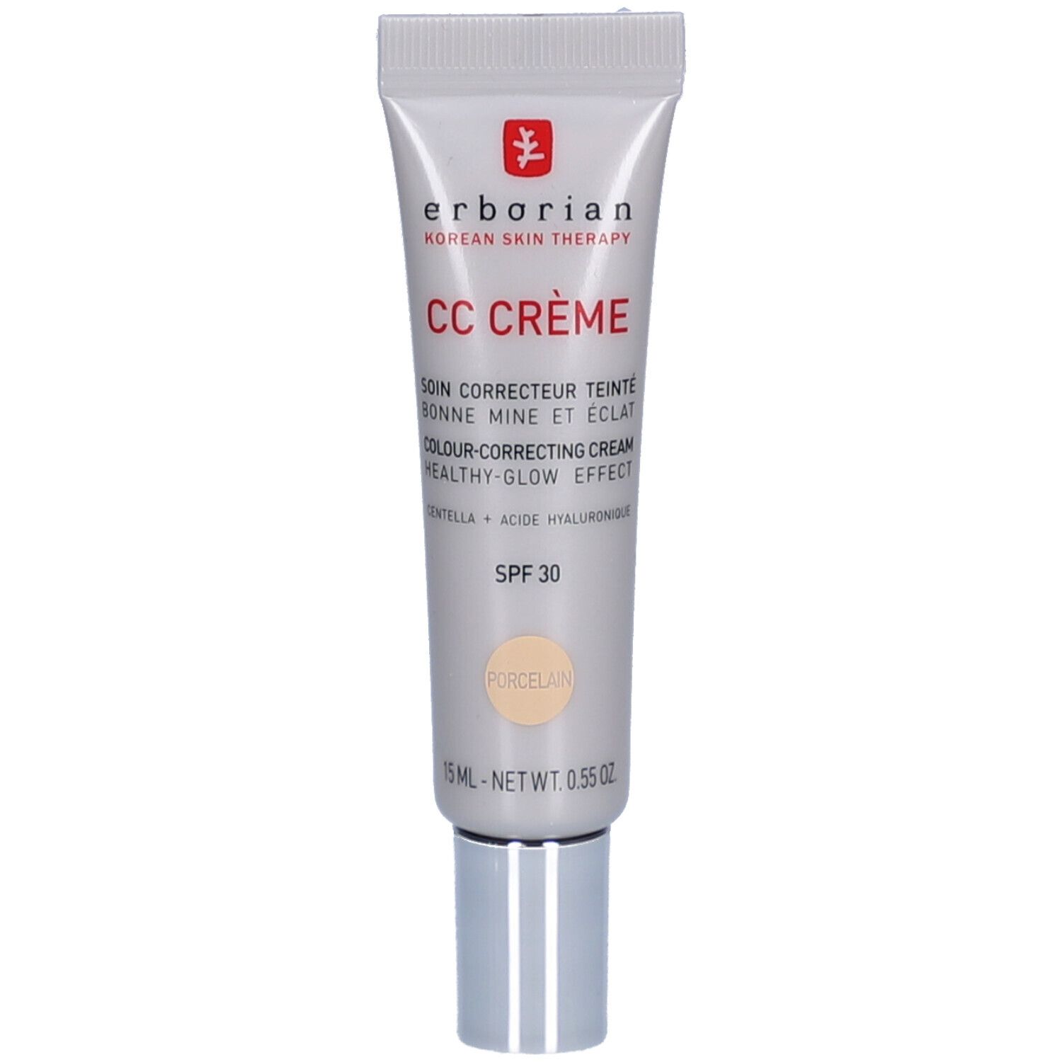 Tube CC Crème Porcelain Erborian. Kleurcorrigerende crème SPF 30. 15 ml. Zilveren dop.