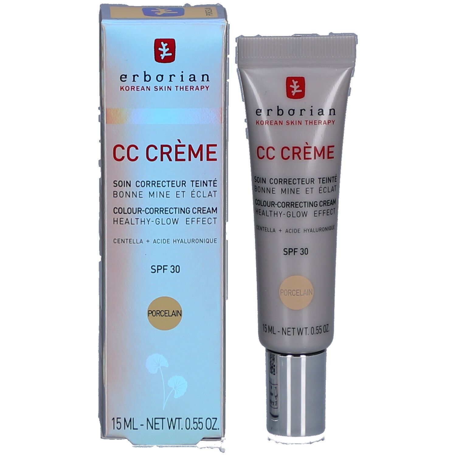 Doos en tube CC Crème Porcelain Erborian. Kleurcorrigerende crème SPF 30. 15 ml.