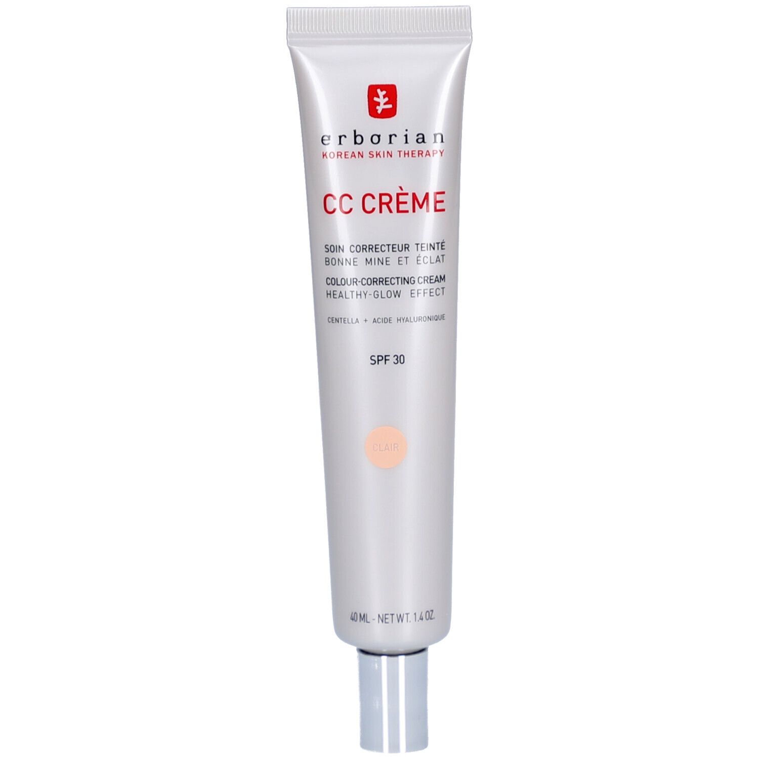 Tube Erborian CC Crème Clair LSF 30. Crème correctrice. 40 ml. Bouchon argenté. Nom du produit et marque visibles.