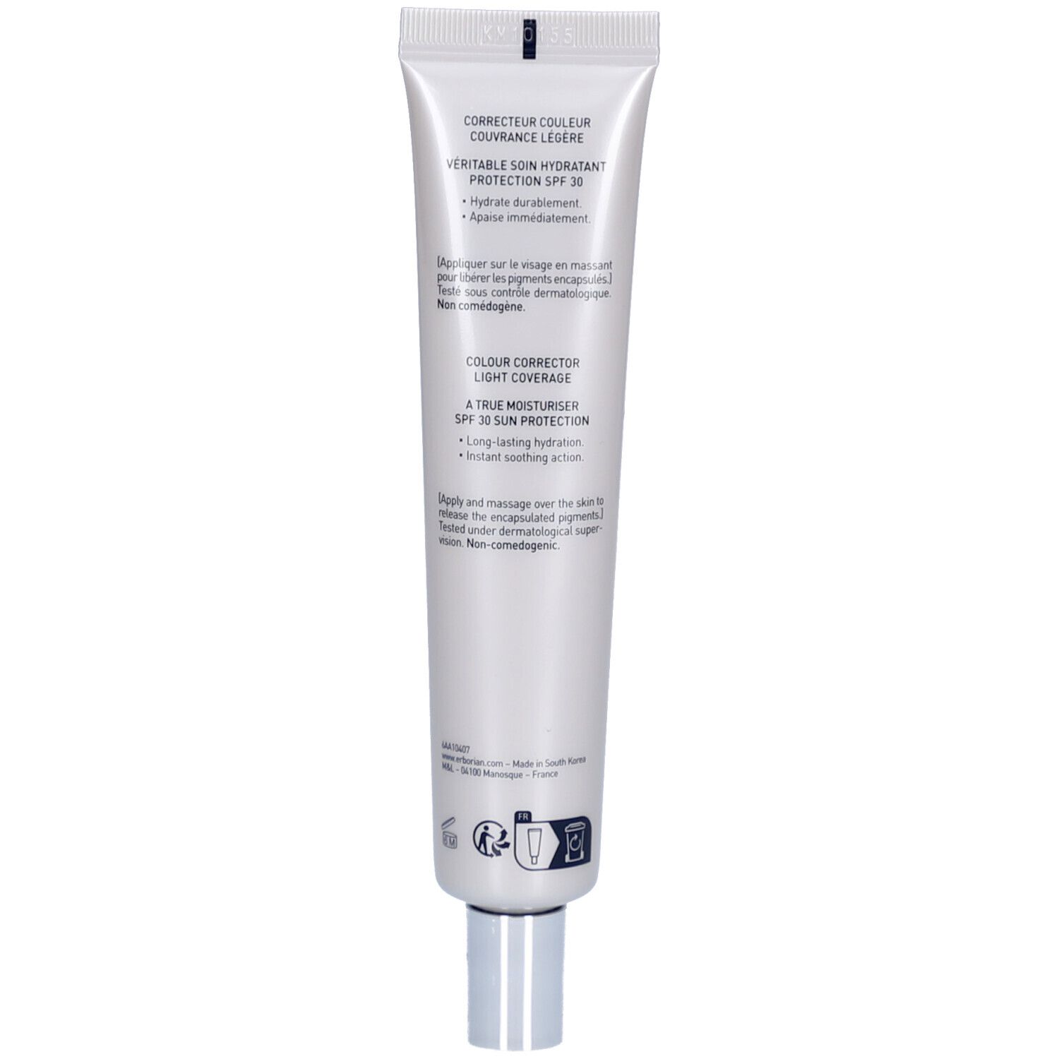 Dos du tube Erborian CC Crème Clair LSF 30. Texte multilingue. Bouchon argenté. Informations sur le produit.