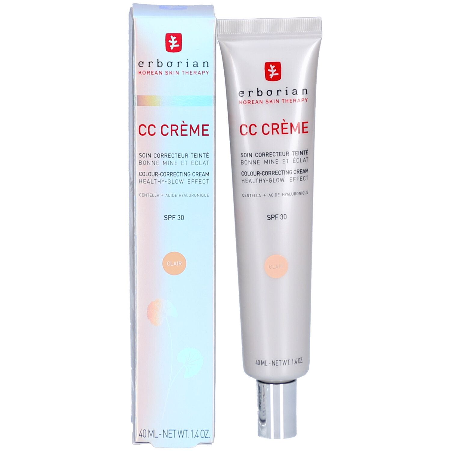 Erborian CC Crème Clair LSF 30 et emballage. Crème correctrice. 40 ml. Nom du produit et marque visibles.