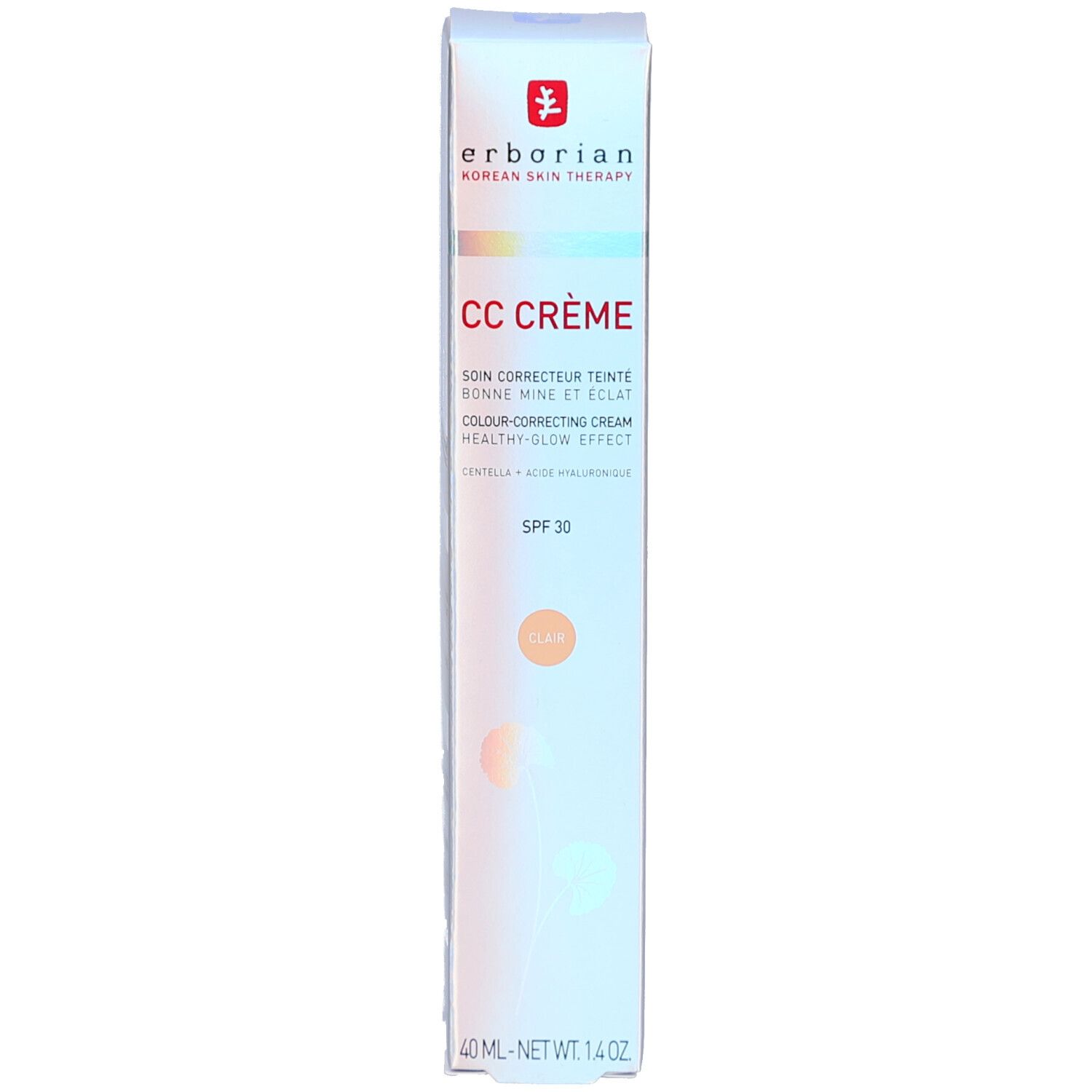 Emballage Erborian CC Crème Clair LSF 30. Crème correctrice. 40 ml. Nom du produit et marque visibles.
