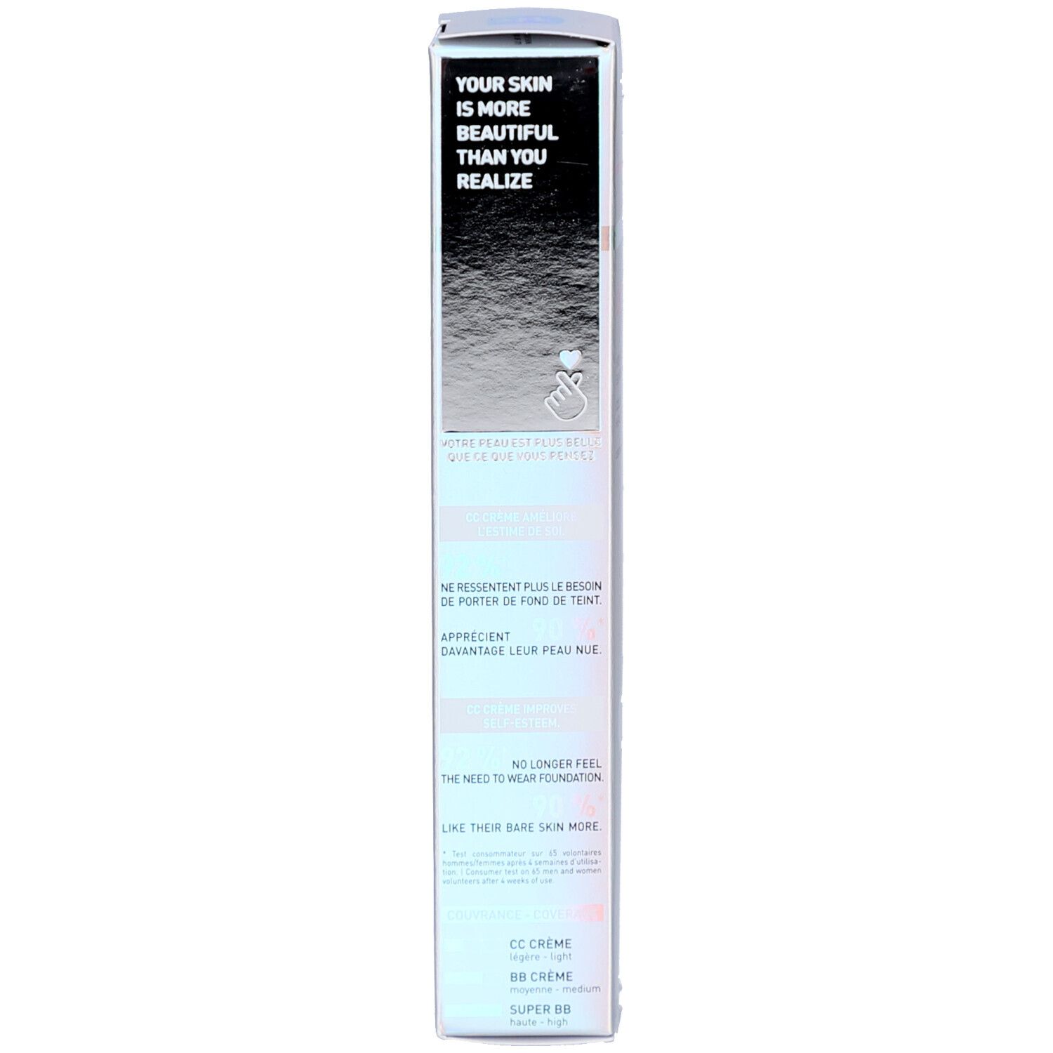 Emballage Erborian CC Crème. Texte sur l'emballage. Informations sur le produit et marque.