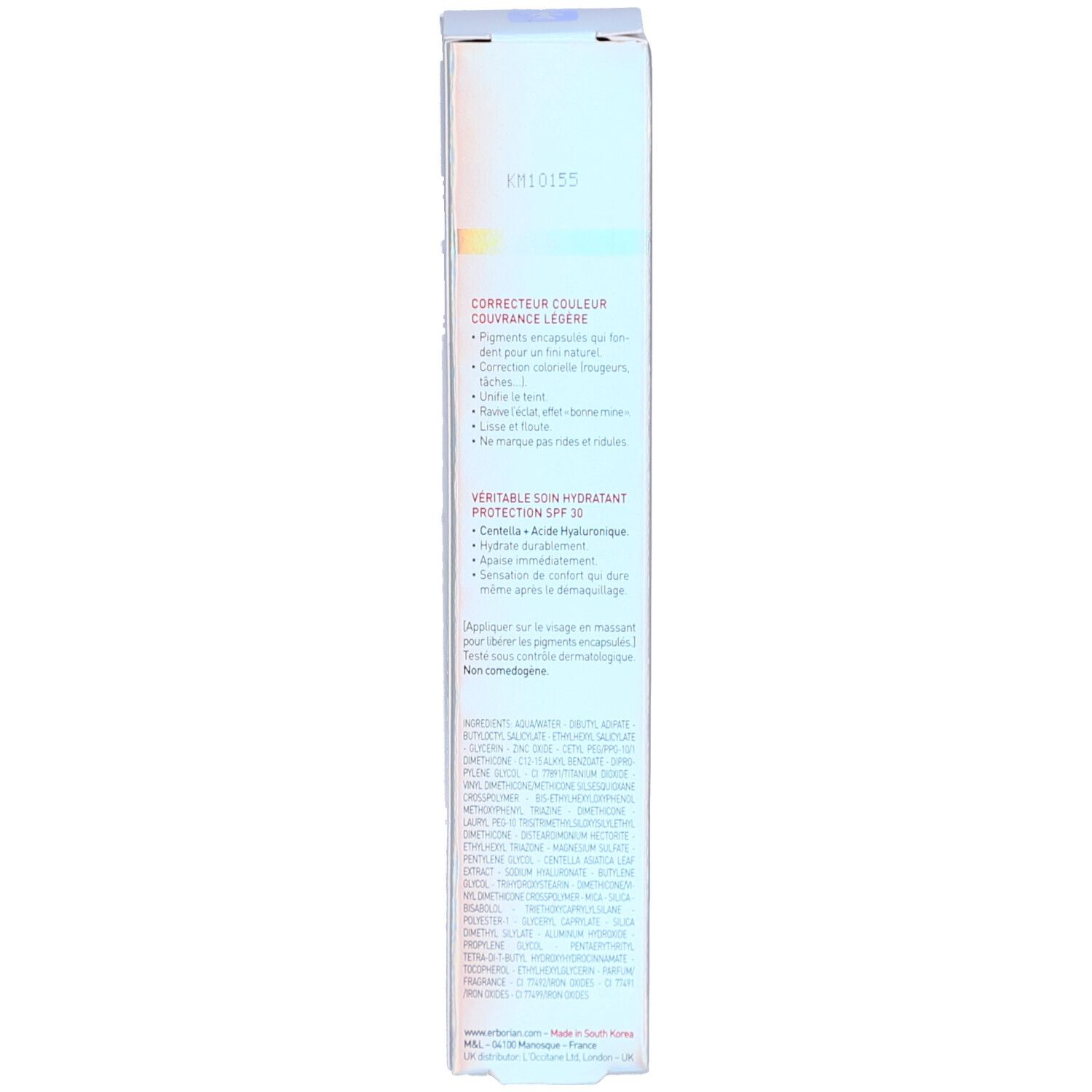 Dos de l'emballage Erborian CC Crème. Texte multilingue. Informations sur le produit.