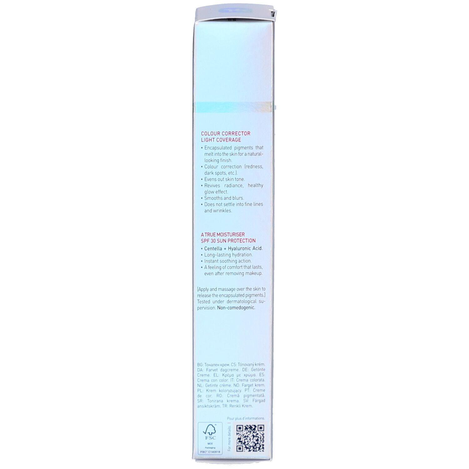 Dos de l'emballage Erborian CC Crème. Texte multilingue. Informations sur le produit.
