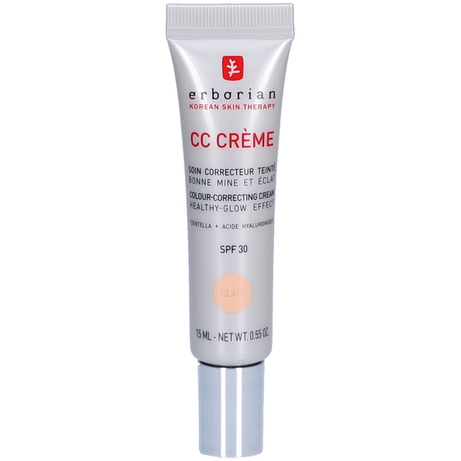 Zilveren tube met witte dop. Opschrift: CC CRÈME, SPF 30, Clair. Productafbeelding.