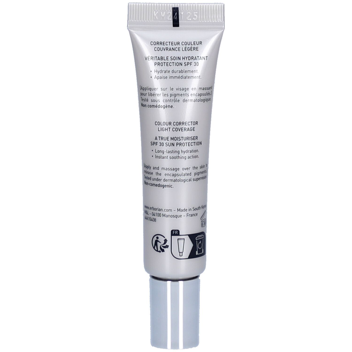 Achterkant van een zilveren tube. Tekst: CORRECTEUR COULEUR, COUVRANCE LÉGÈRE, PROTECTION SPF 30.