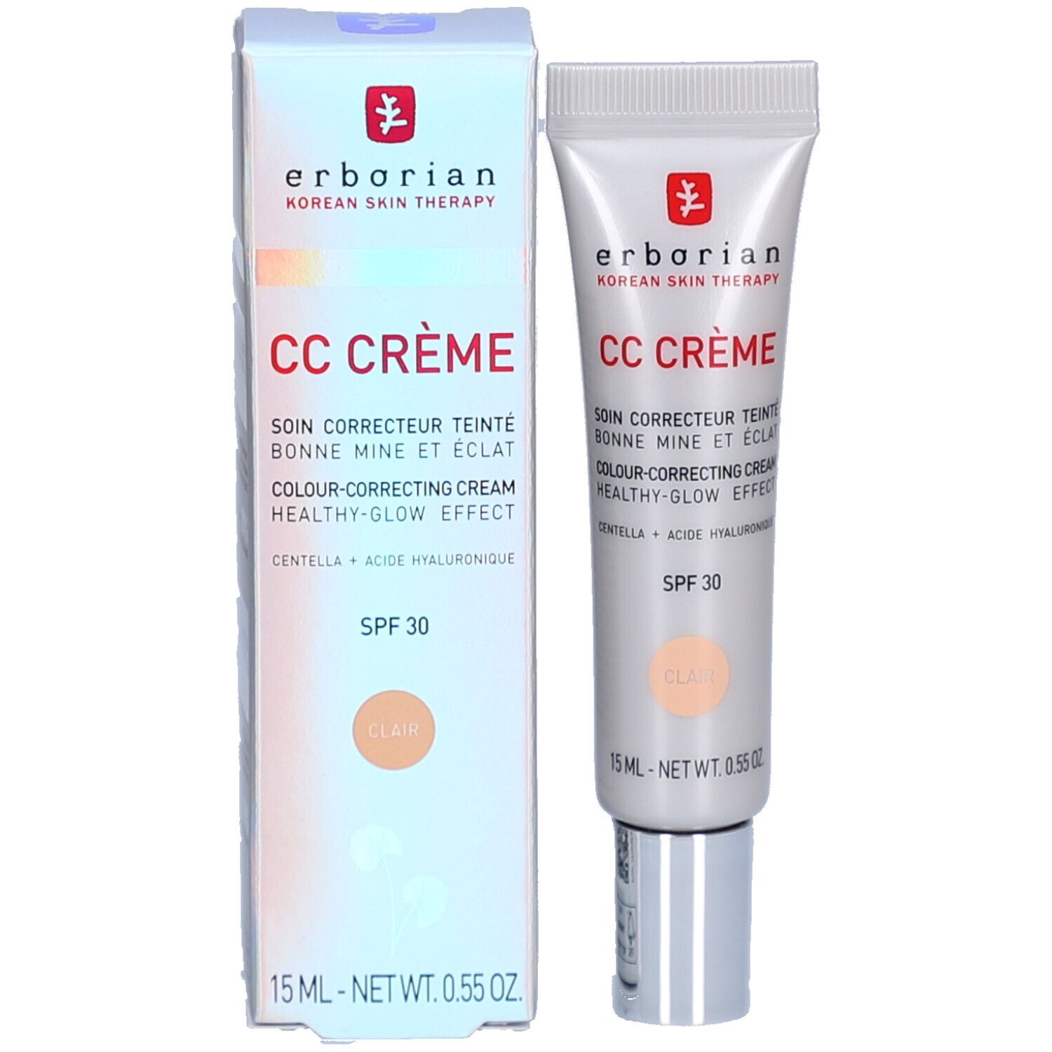 Verpakking en tube. Opschrift: CC CRÈME, SPF 30, Clair. Verpakking: wit met roze accenten.