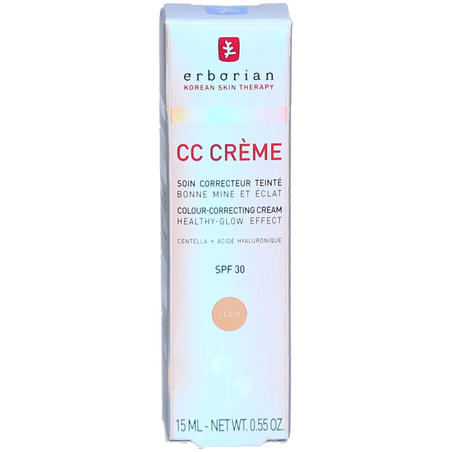 Productverpakking. Opschrift: CC CRÈME, SPF 30, Clair. Verpakking: wit met roze accenten.