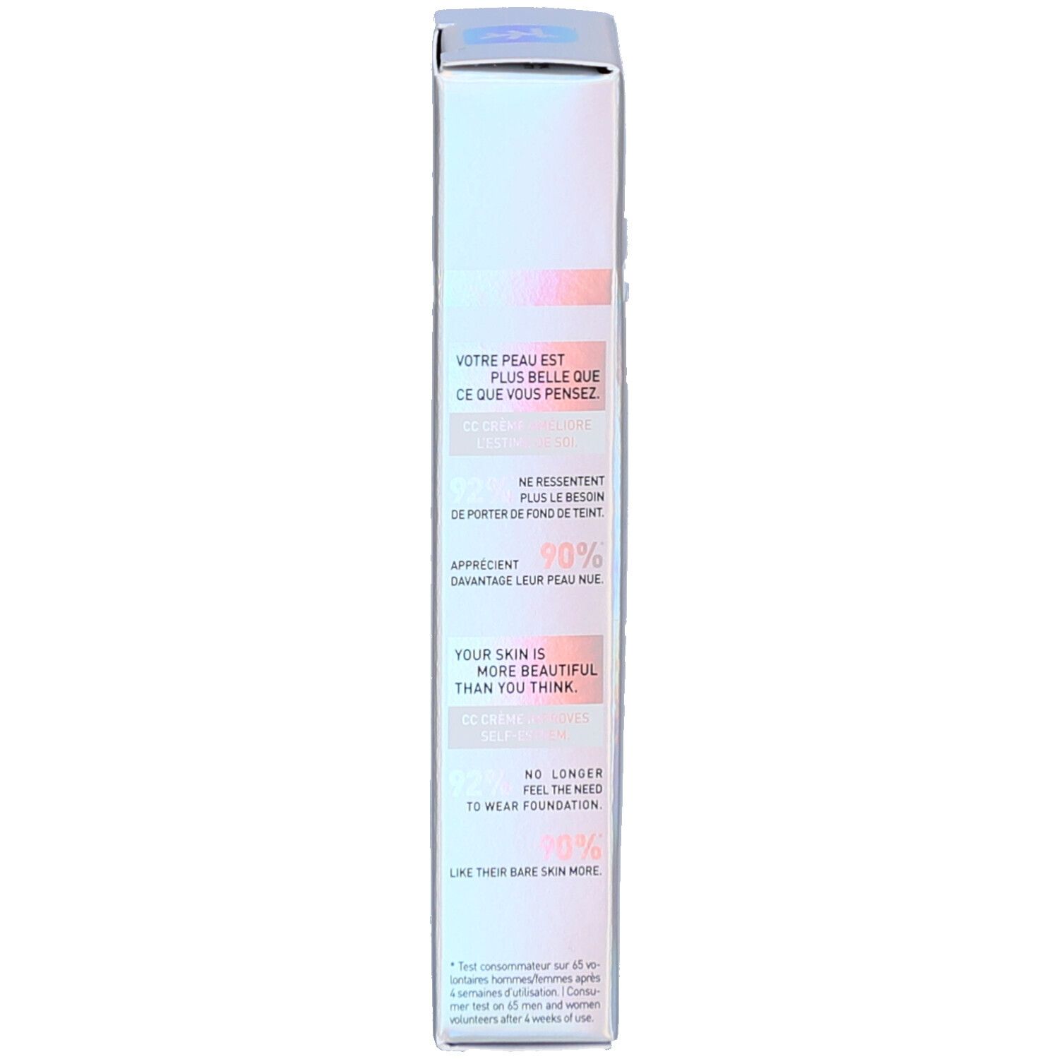 Zijkant van de productverpakking. Tekst: Votre peau est plus belle que ce que vous pensez.