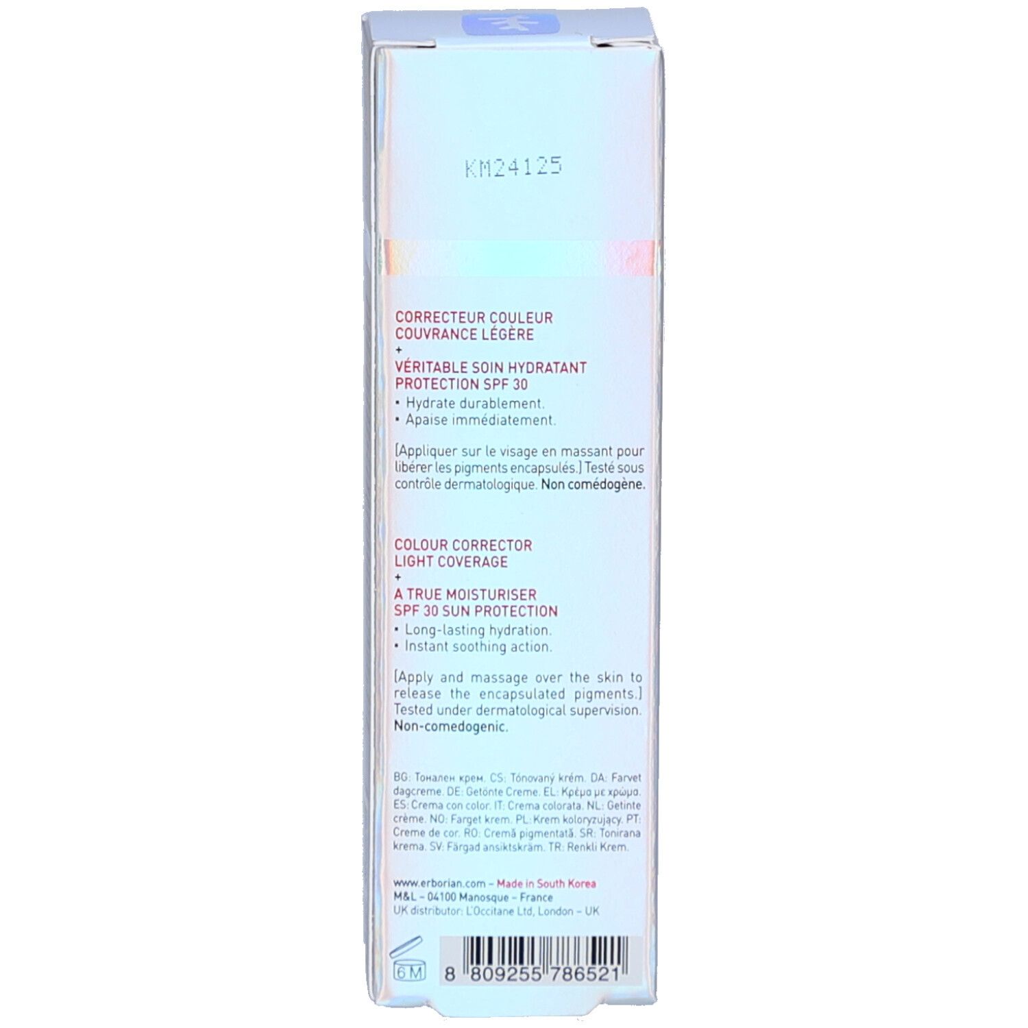 Achterkant van de productverpakking. Tekst: CORRECTEUR COULEUR, COUVRANCE LÉGÈRE, PROTECTION SPF 30.