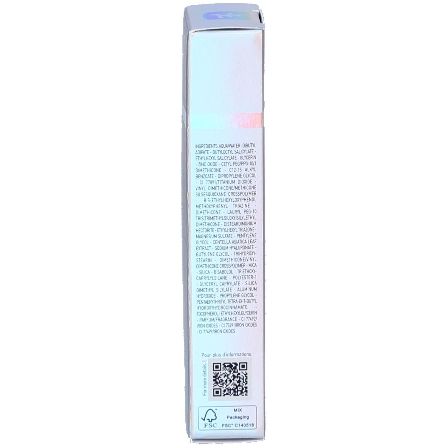 Zijkant van de productverpakking. Lijst van ingrediënten en QR-code.