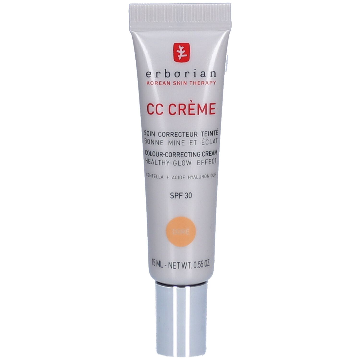 Crèmetube met productnaam en SPF 30. Tint Doré. Merk en logo zichtbaar.