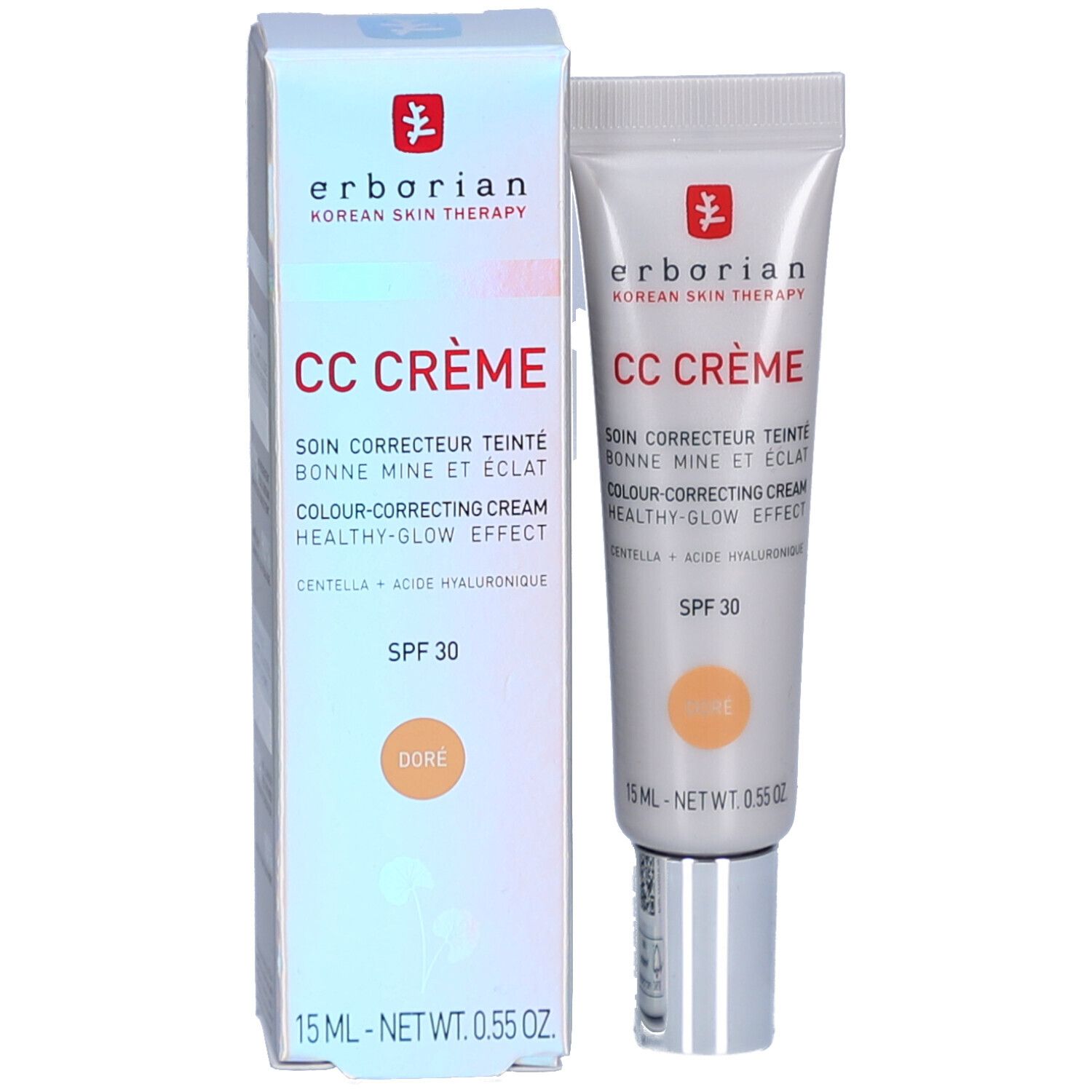 Productverpakking en crèmetube. Productnaam, SPF 30 en tint Ocre zichtbaar.