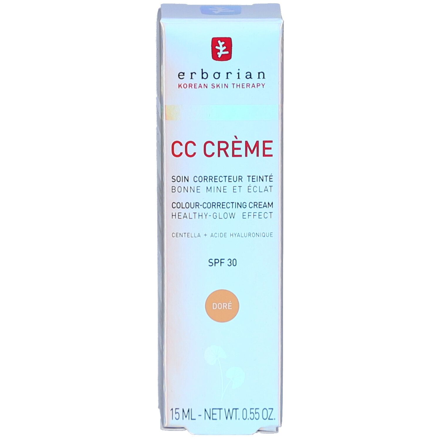 Productverpakking met productnaam, SPF 30 en tint Doré. Merk en logo zichtbaar.