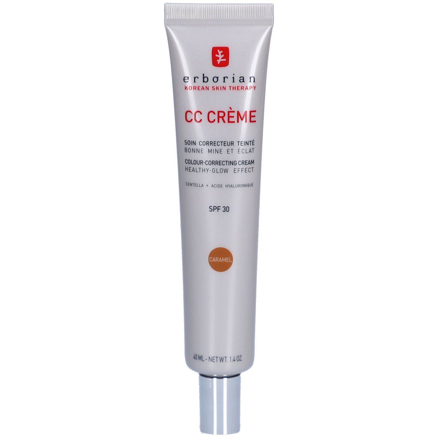 Tube Erborian CC Crème Caramel LSF 30. Crème correctrice teint. Contient SPF 30. Couleur caramel. 40 ml.