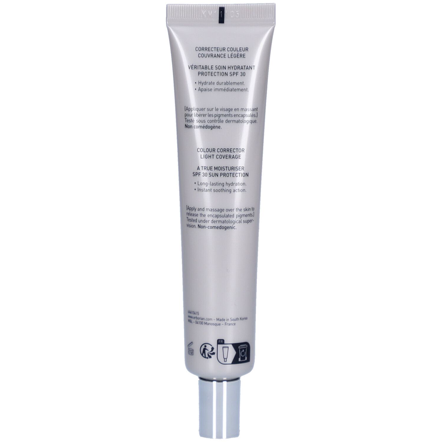 Dos du tube Erborian CC Crème. Texte avec informations produit. Contient SPF 30. Ingrédients et utilisation.