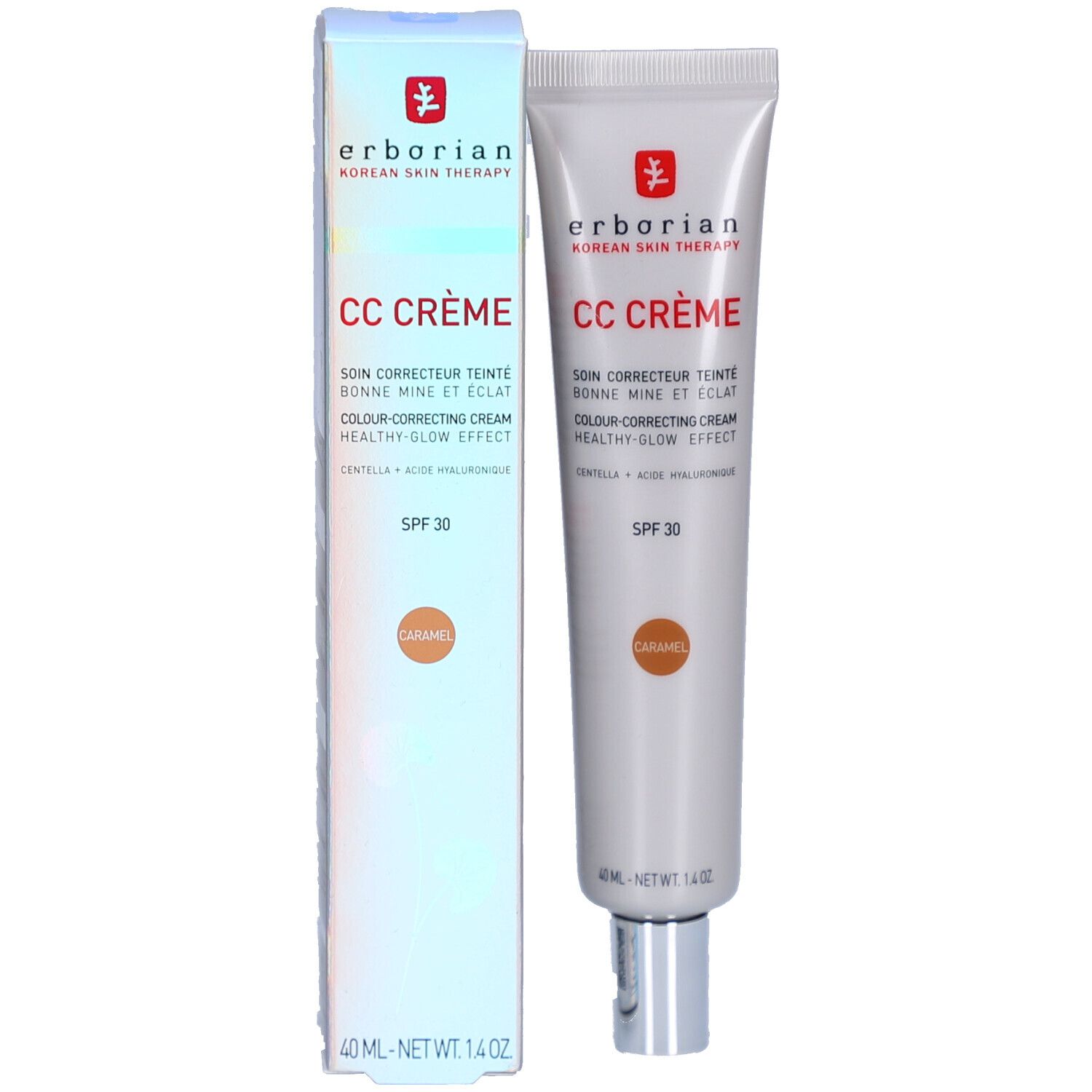 Tube et emballage Erborian CC Crème Caramel LSF 30. Crème correctrice teint. SPF 30. Couleur caramel. 40 ml.