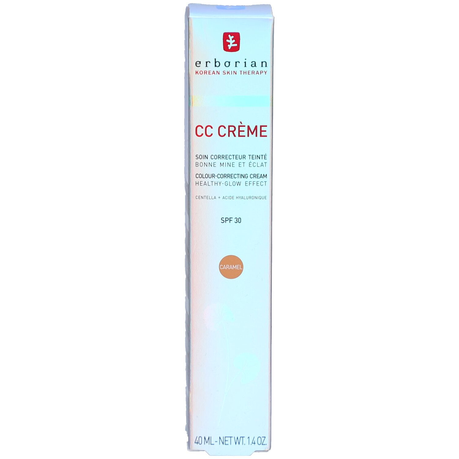 Emballage Erborian CC Crème Caramel LSF 30. Crème correctrice teint. Contient SPF 30. Couleur caramel. 40 ml.