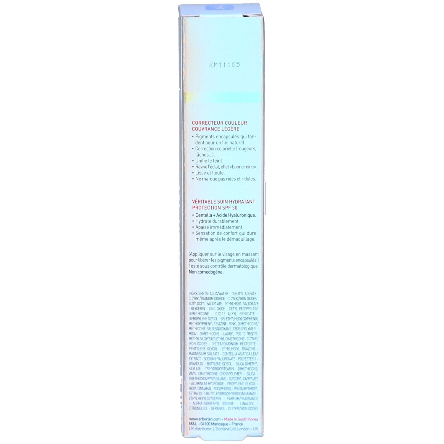 Emballage Erborian CC Crème. Dos avec informations produit. Contient SPF 30. Ingrédients et utilisation.