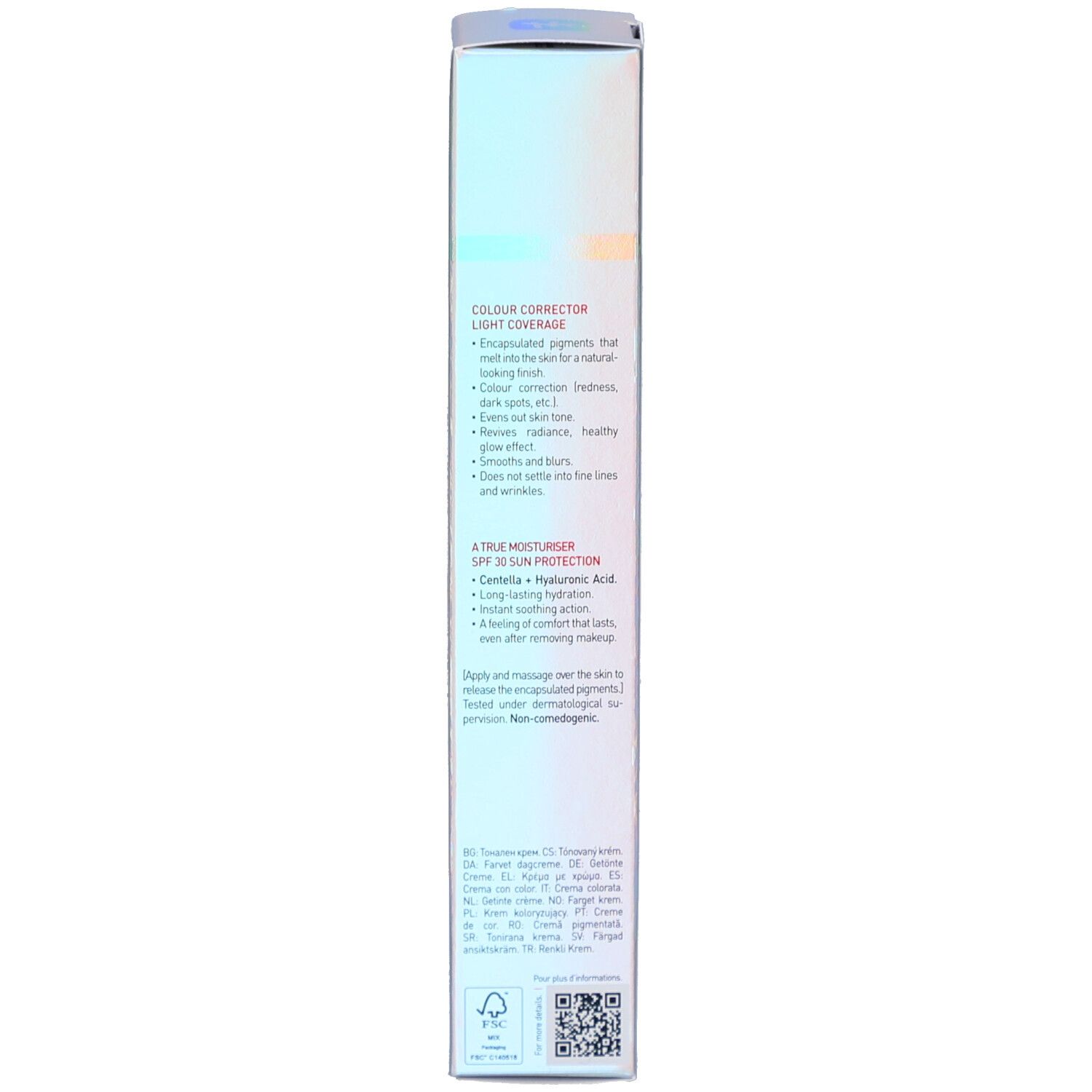 Emballage Erborian CC Crème. Dos avec informations produit. Correction couleur, hydratation, SPF 30.