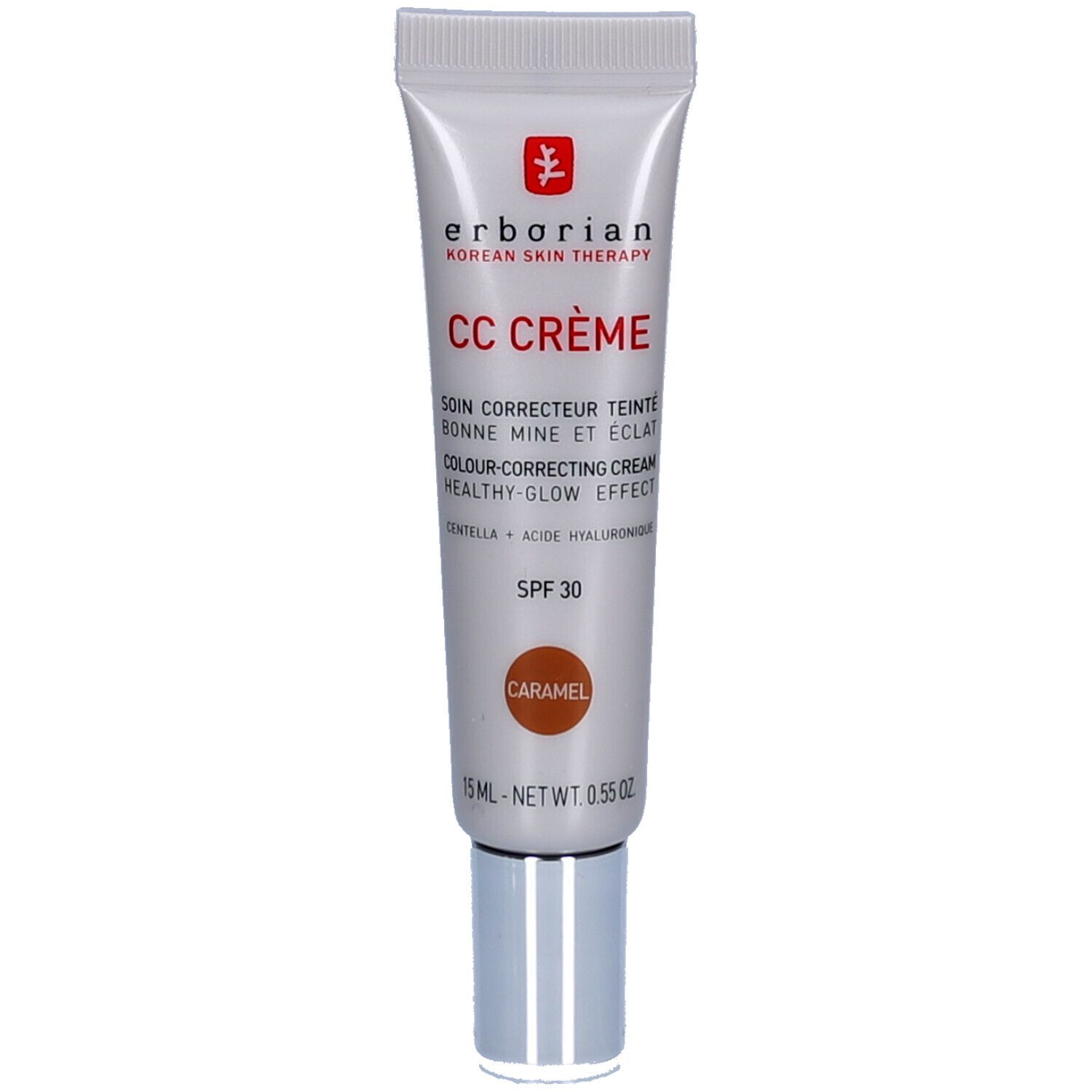 Tube CC Crème Caramel SPF 30 van Erborian. Witte tube, zilveren dop. Tekst: CC CRÈME, SPF 30, Caramel.