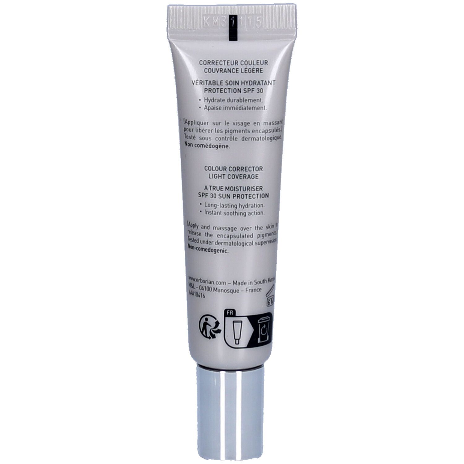 Achterkant van de CC Crème tube. Tekst: Correcteur Couleur, Couvrance Légère, SPF 30, Light Coverage. Informatie en symbolen.