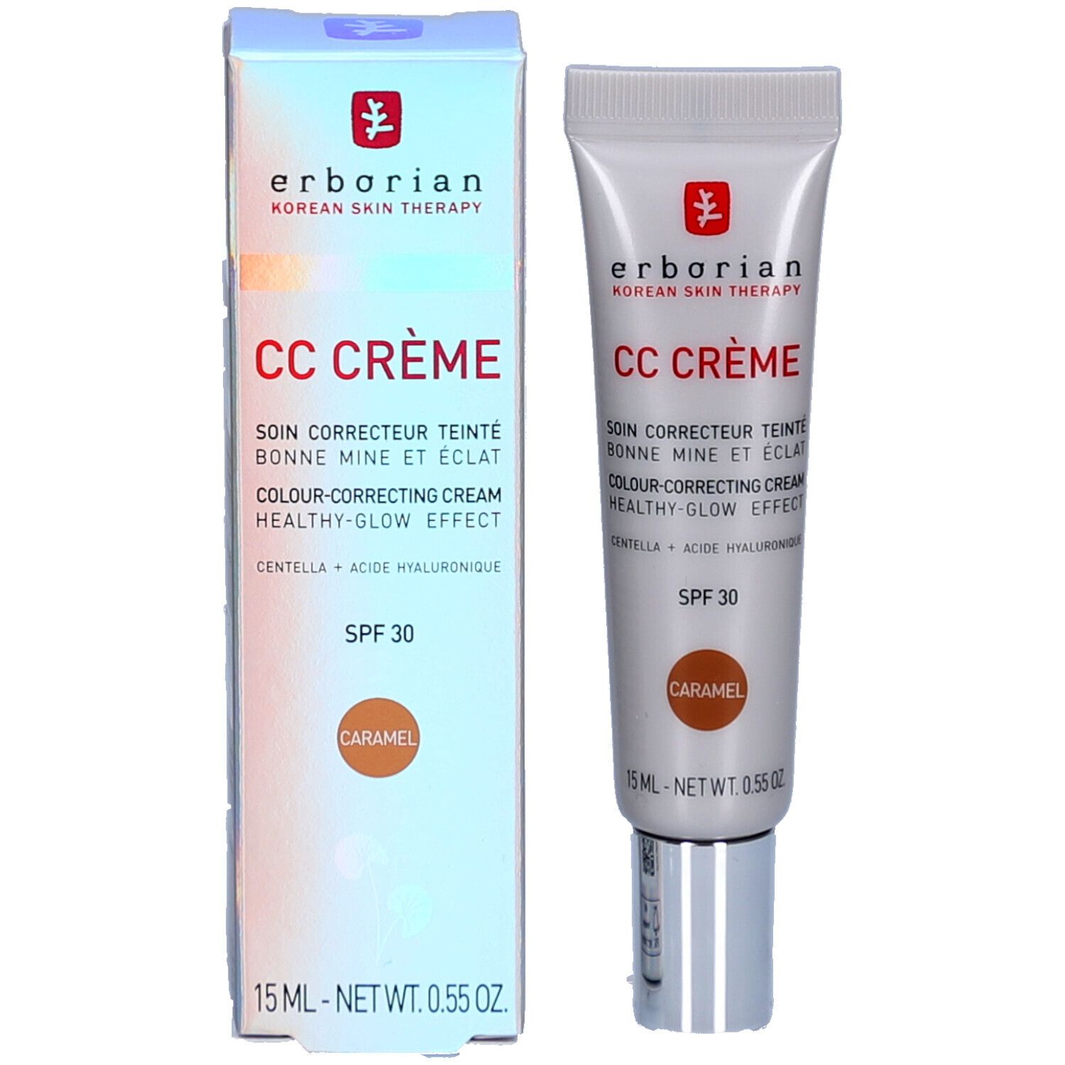 CC Crème Caramel SPF 30 en verpakking. Merk: Erborian. Tube en doos. Tekst: CC CRÈME, SPF 30, Caramel.