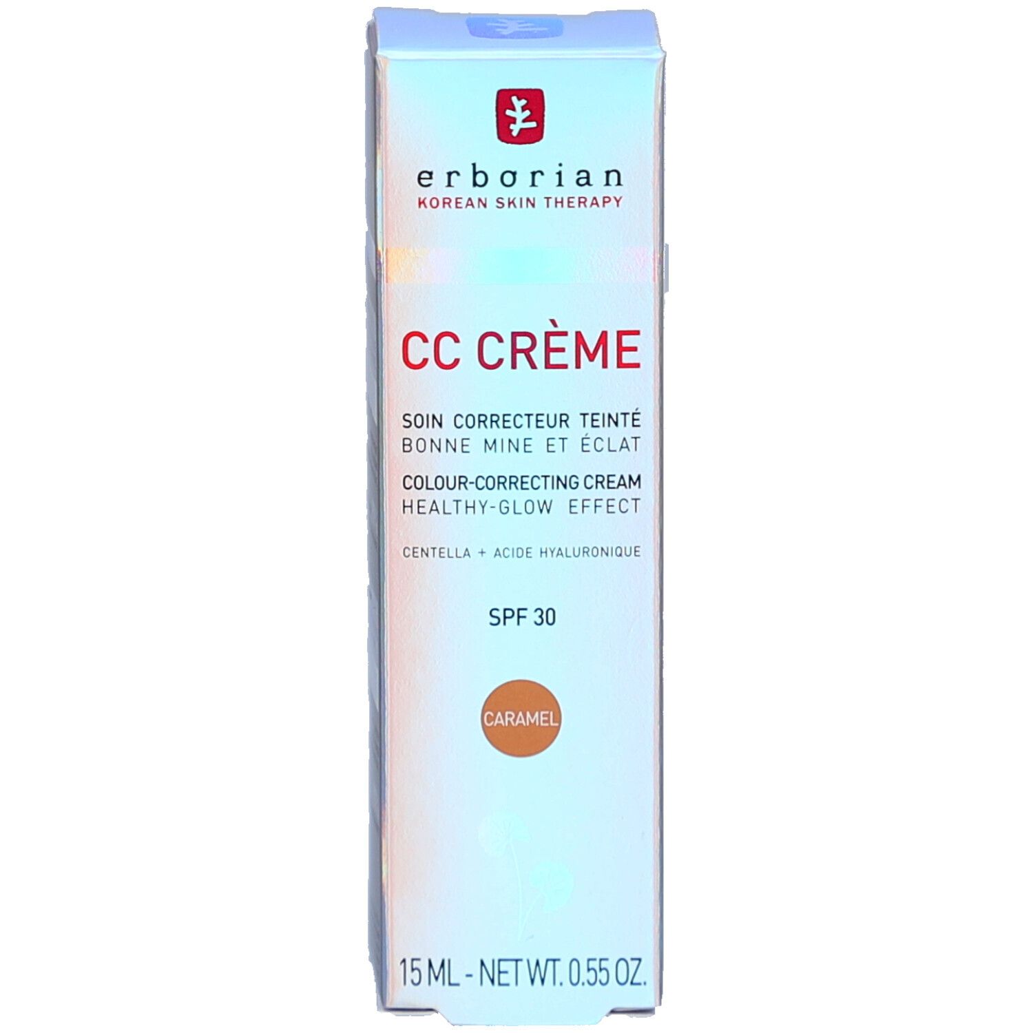 Verpakking van CC Crème Caramel SPF 30. Merk: Erborian. Tekst: CC CRÈME, SPF 30, Caramel. Witte achtergrond.
