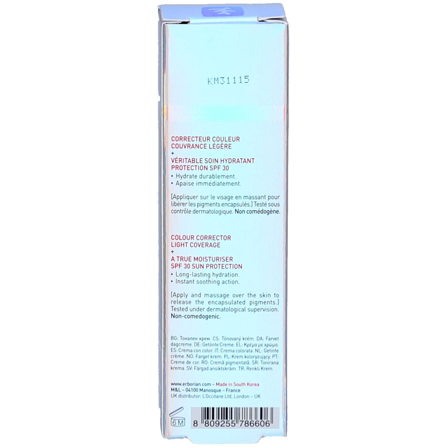 Achterkant van de CC Crème verpakking. Tekst: Correcteur Couleur, Couvrance Légère, SPF 30. Informatie en symbolen.