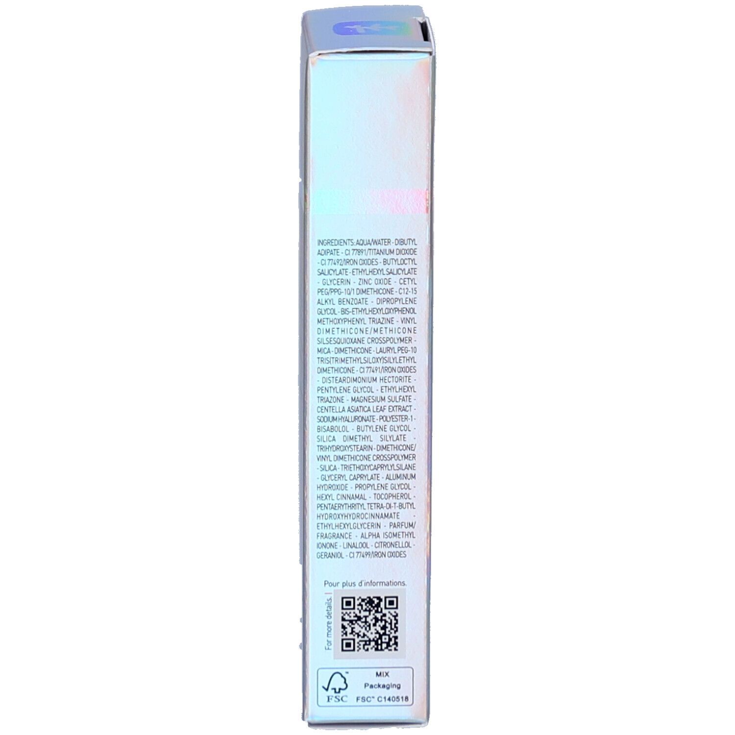 Zijkant van de CC Crème verpakking. Ingrediënten, QR-code, FSC-certificering. Tekst: Pour plus d'informations.