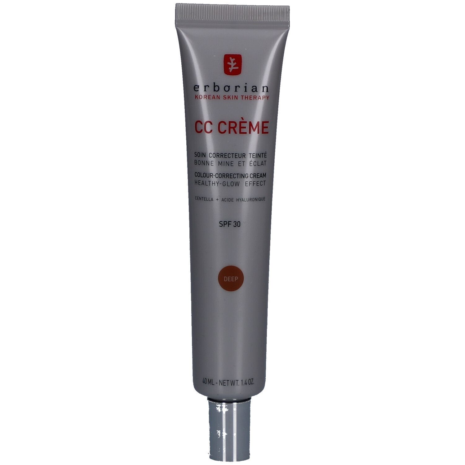 Grijze tube CC Crème van Erborian. Tekst en tint Deep. SPF 30. Zilveren dop.