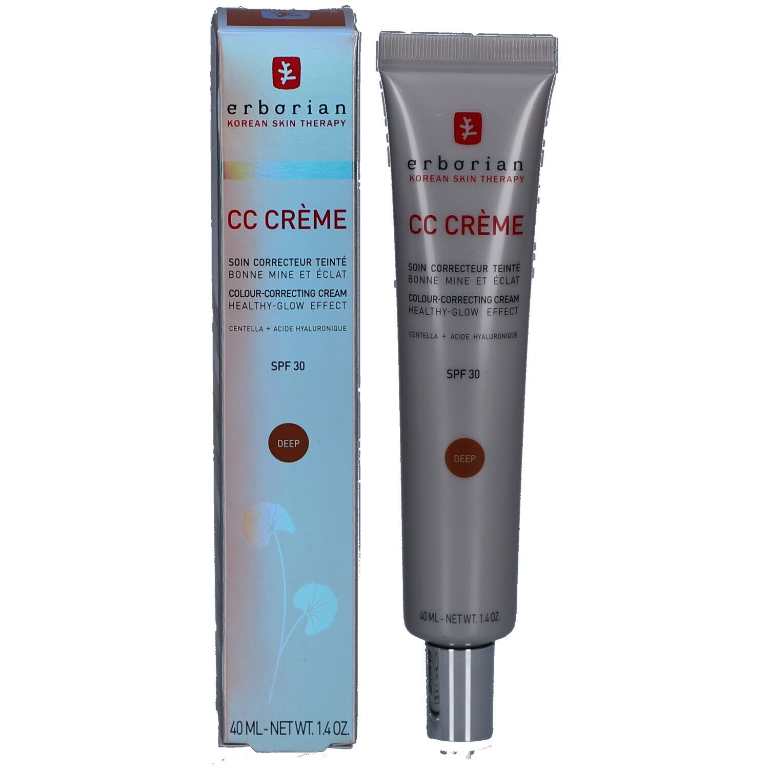 Erborian CC Crème tube en verpakking. Tekst, tint Deep, SPF 30. 40 ml. Verpakking met logo.