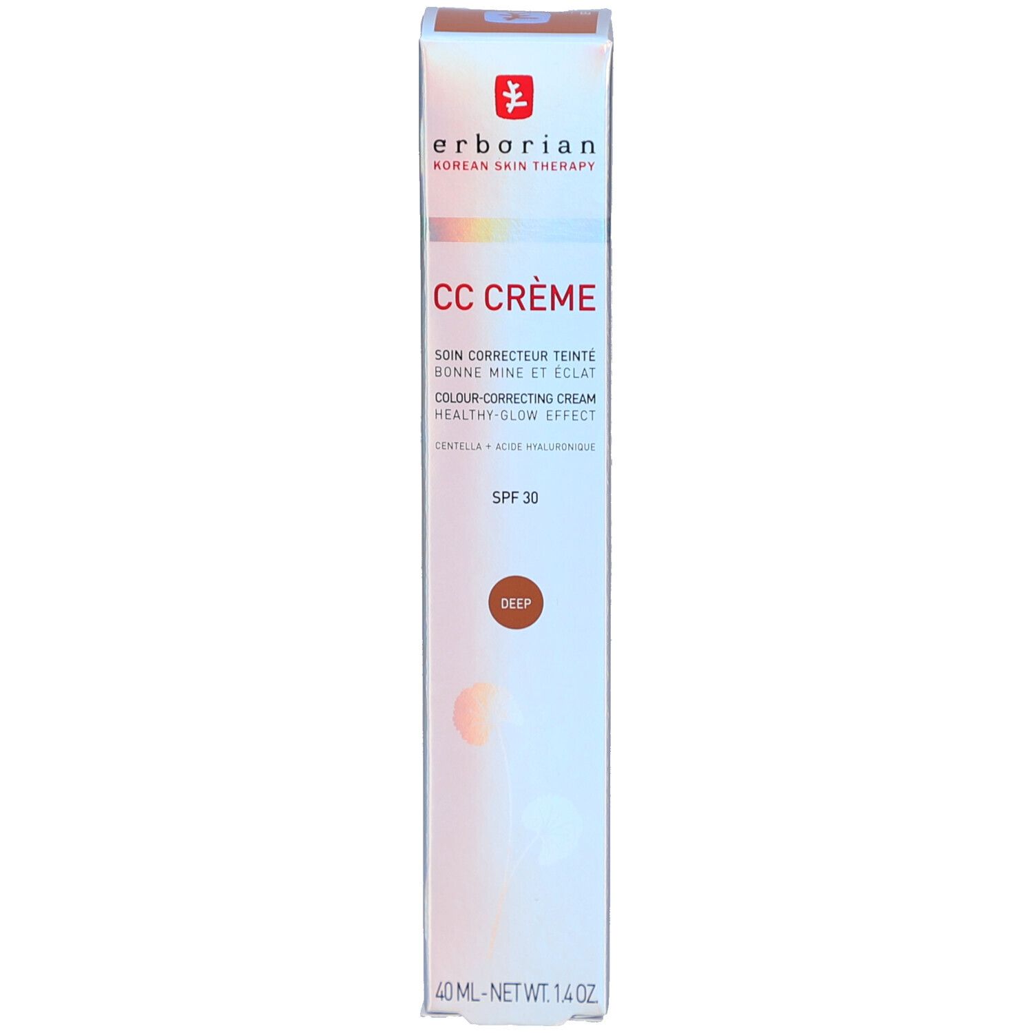 Verpakking van Erborian CC Crème. Tekst, tint Deep, SPF 30. 40 ml. Wit met logo en productnaam.